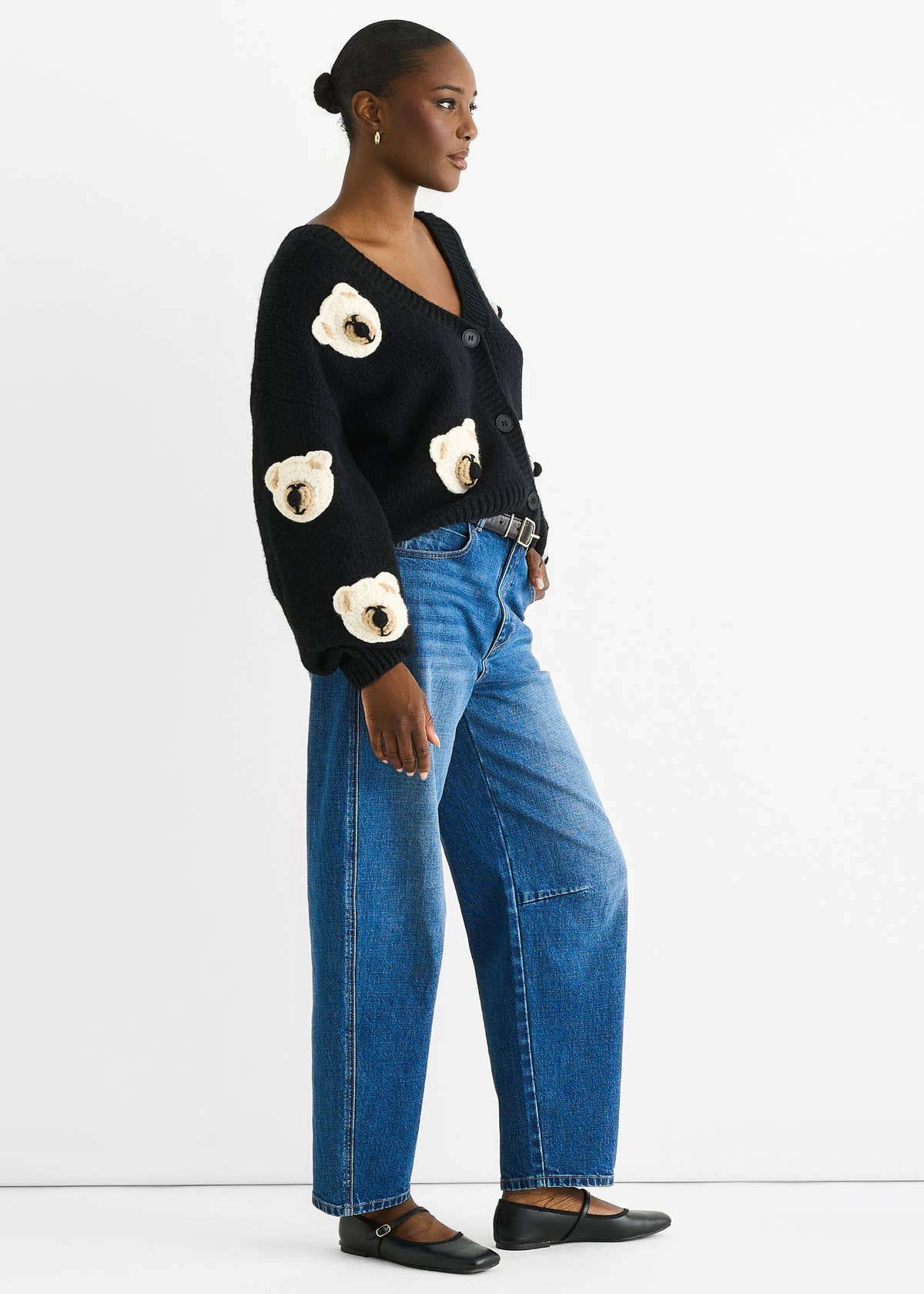 Black 3D Contrast Teddy Crochet Cardigan – View 3 | Gini London
