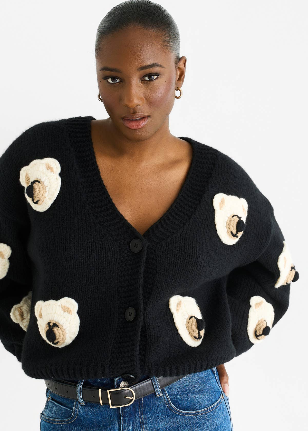 Black 3D Contrast Teddy Crochet Cardigan – View 2 | Gini London