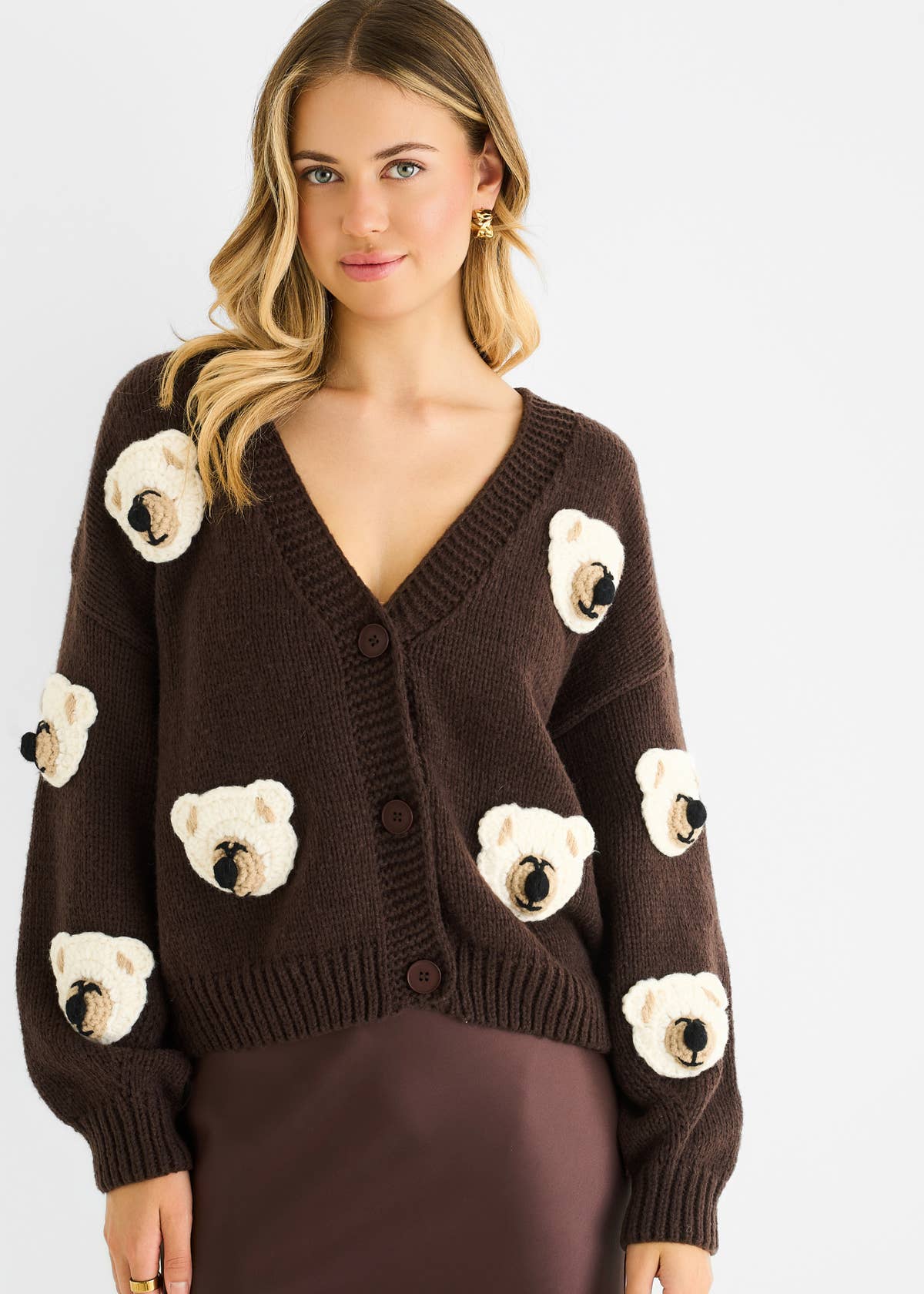 Chocolate 3D Contrast Teddy Crochet Cardigan – View 1 | Gini London