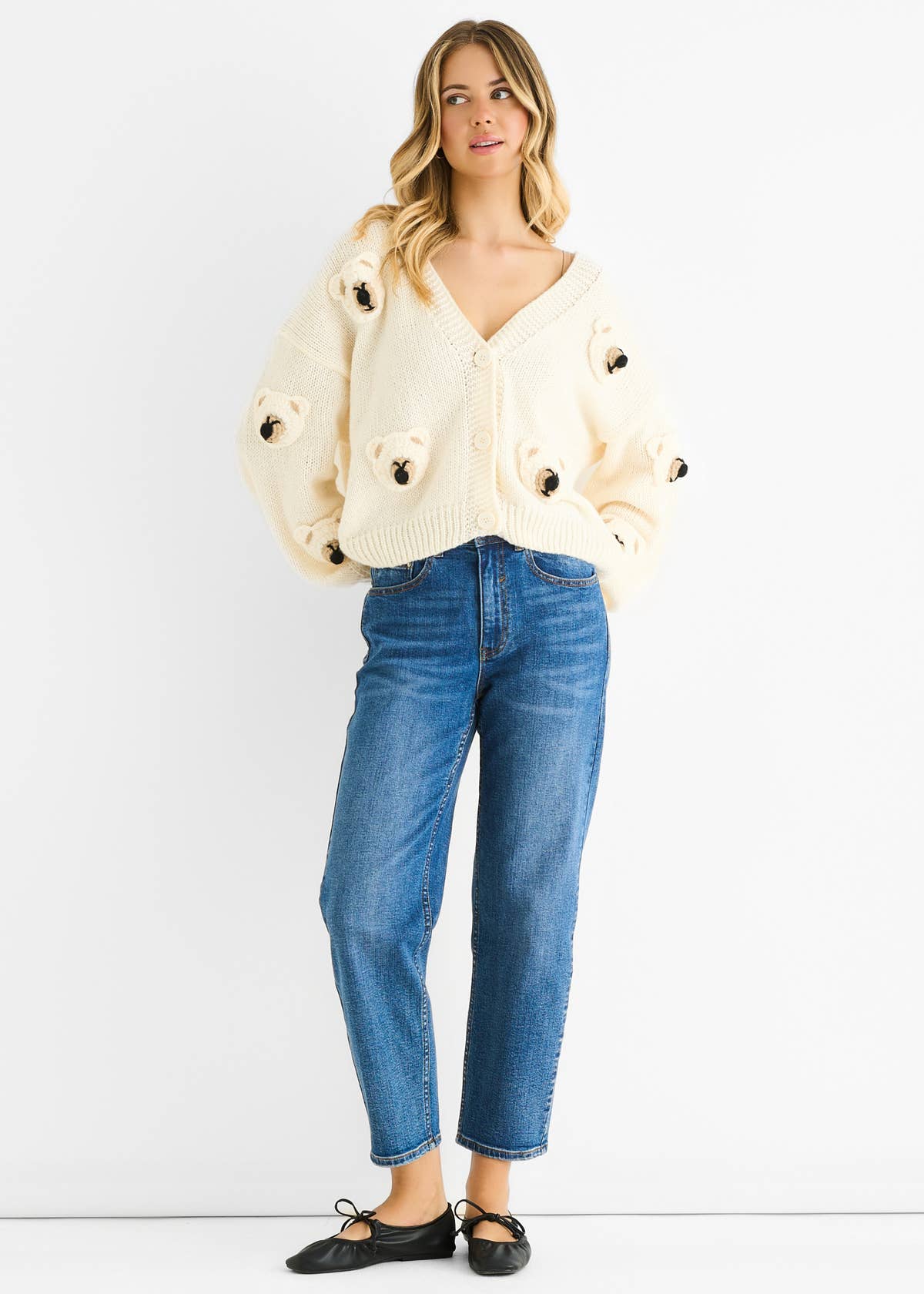 Cream 3D Contrast Teddy Crochet Cardigan – View 2 | Gini London