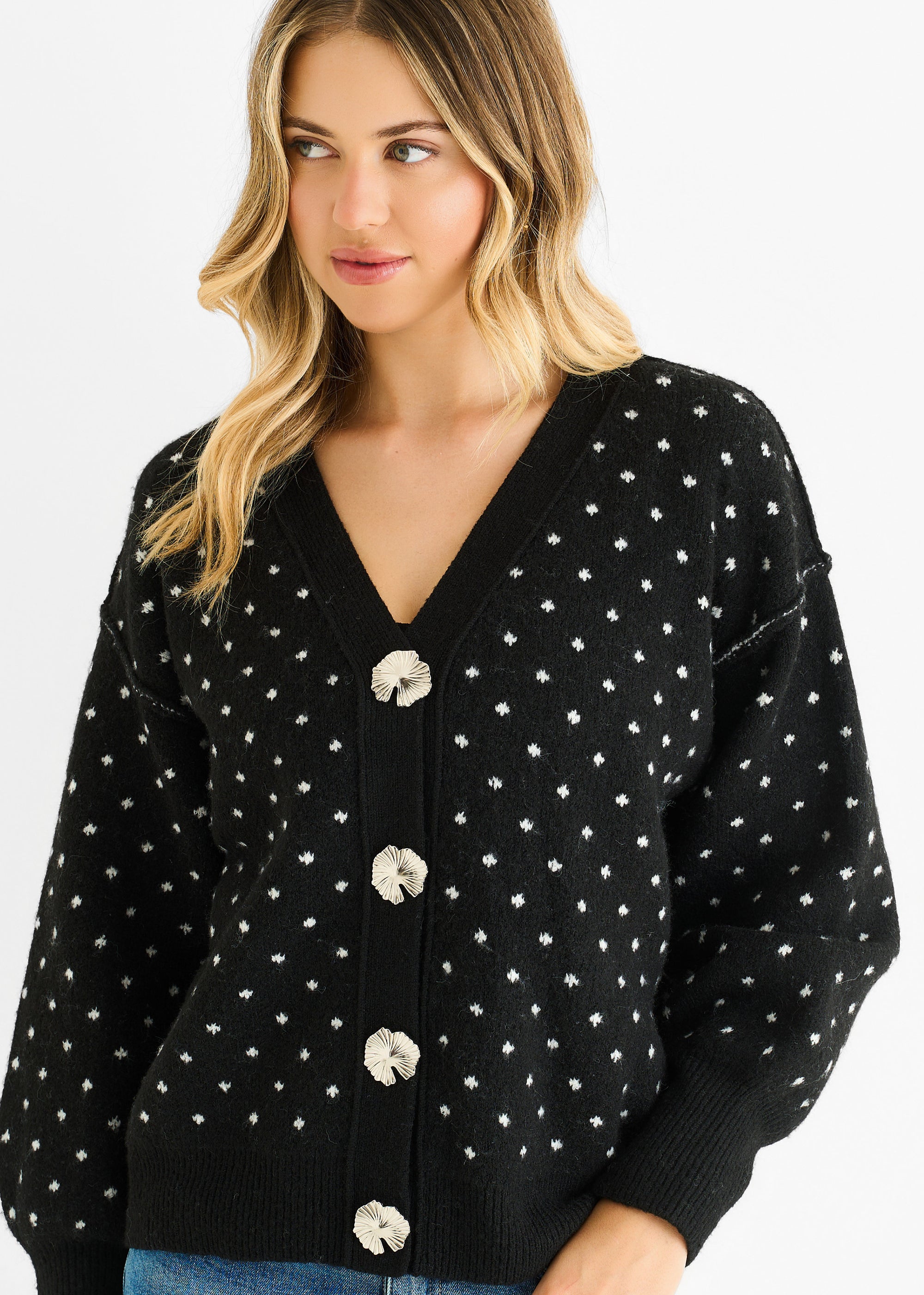 Spot Print Button Cardigan Look Jumper