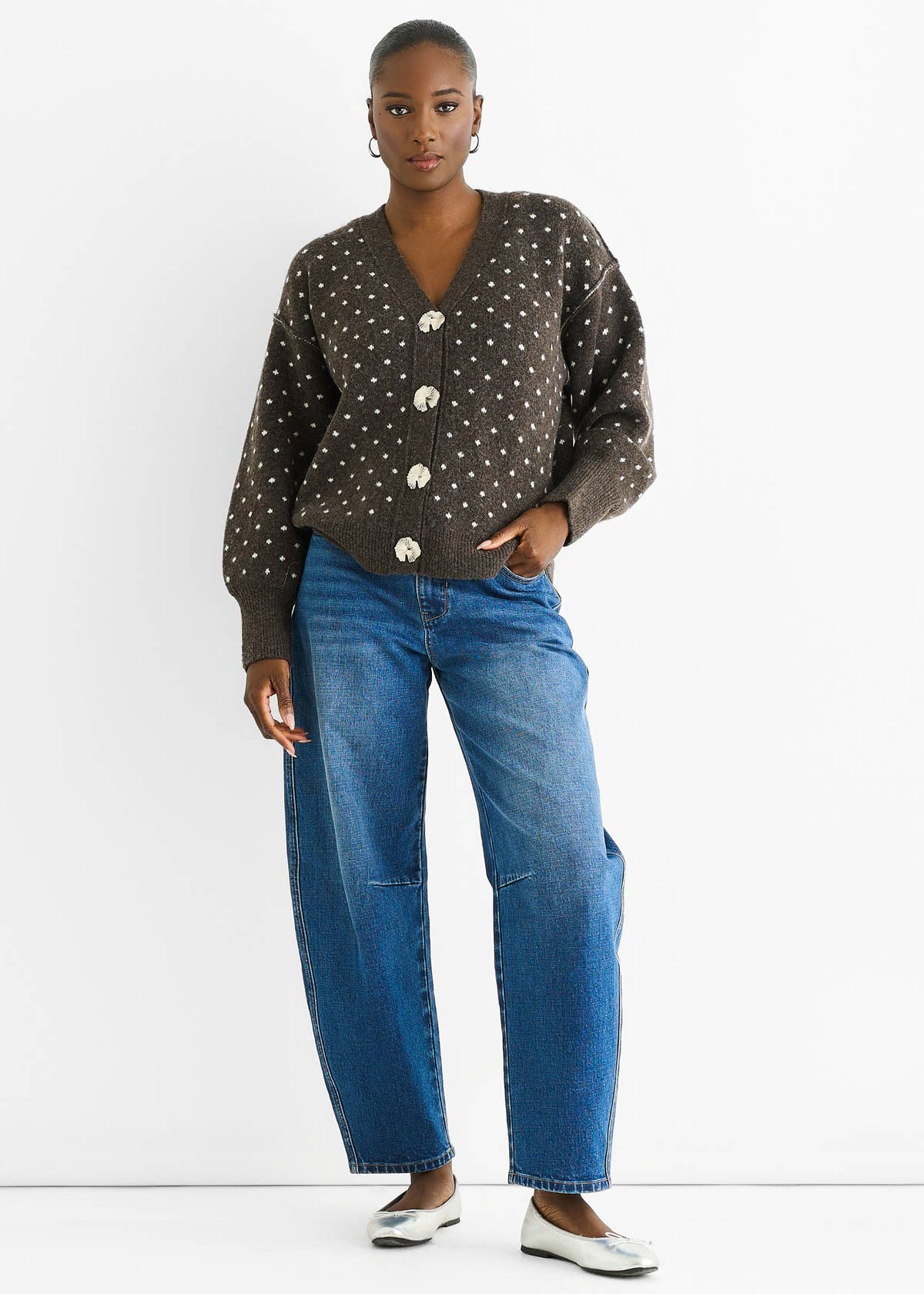 Chocolate Spot Print Button Cardigan Look Jumper – View 2 | Gini London