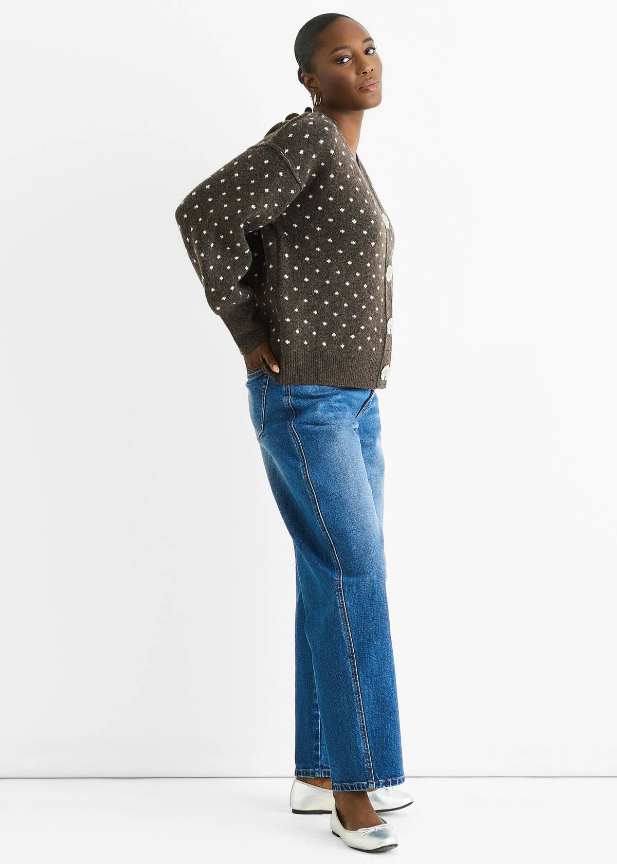 Chocolate Spot Print Button Cardigan Look Jumper – View 4 | Gini London