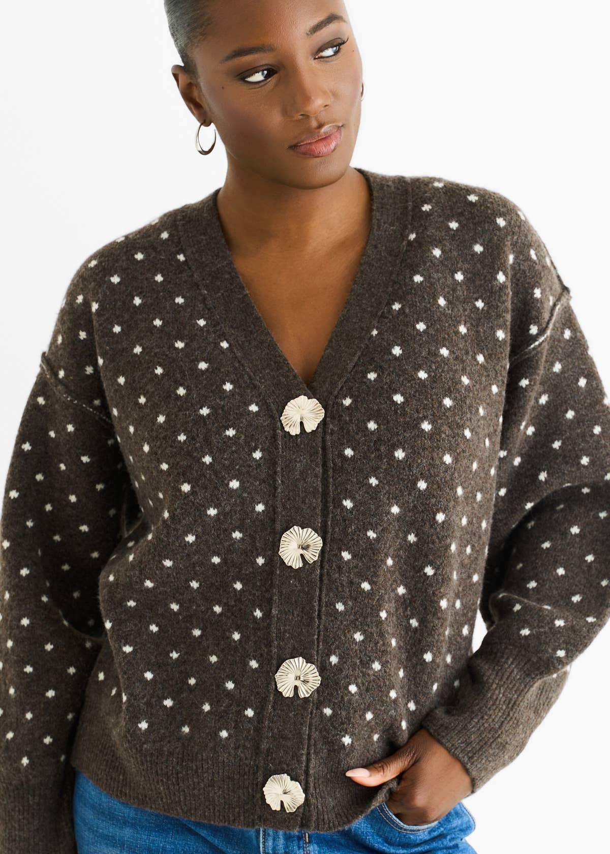Chocolate Spot Print Button Cardigan Look Jumper – View 1 | Gini London