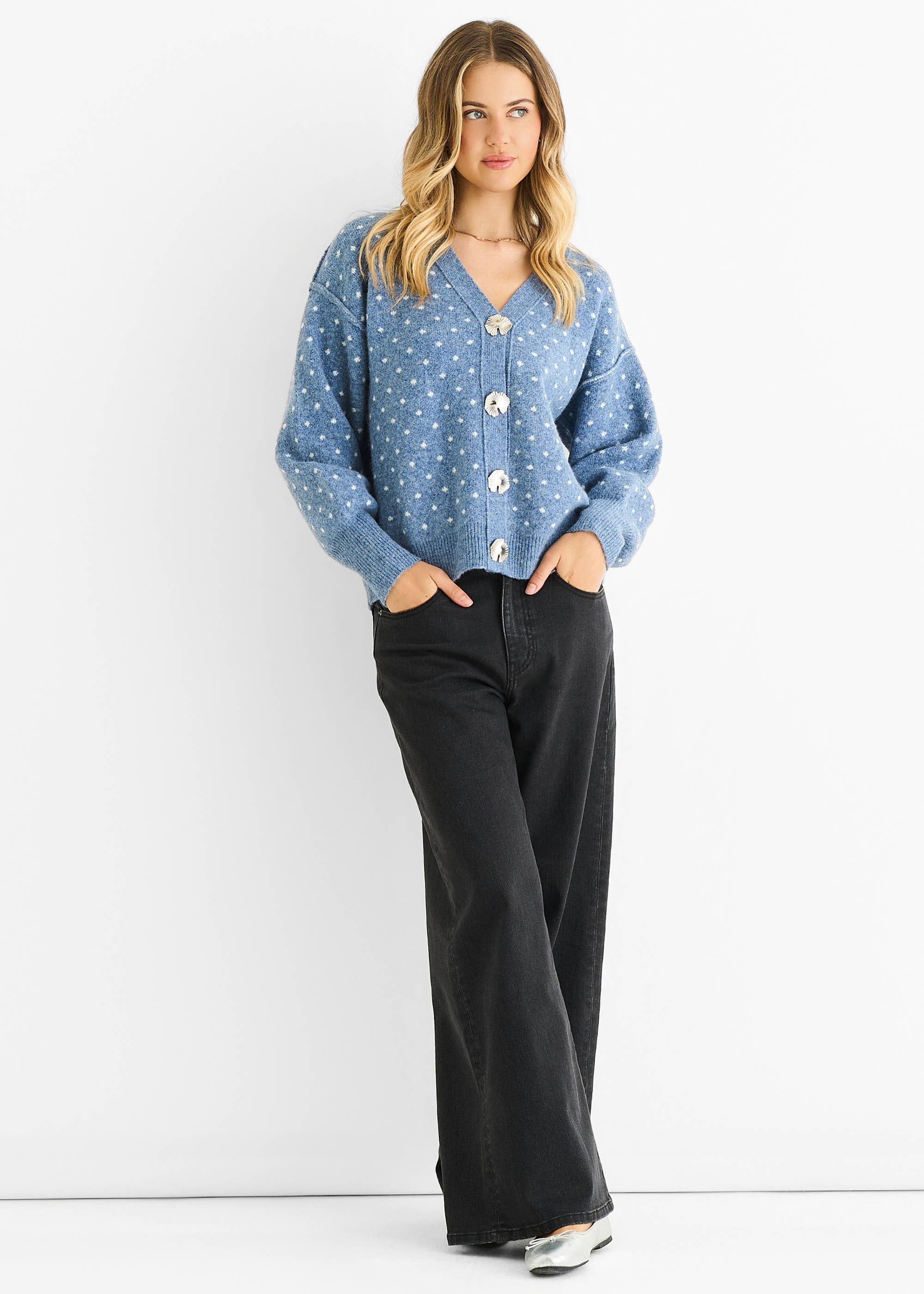 Blue Spot Print Button Cardigan Look Jumper