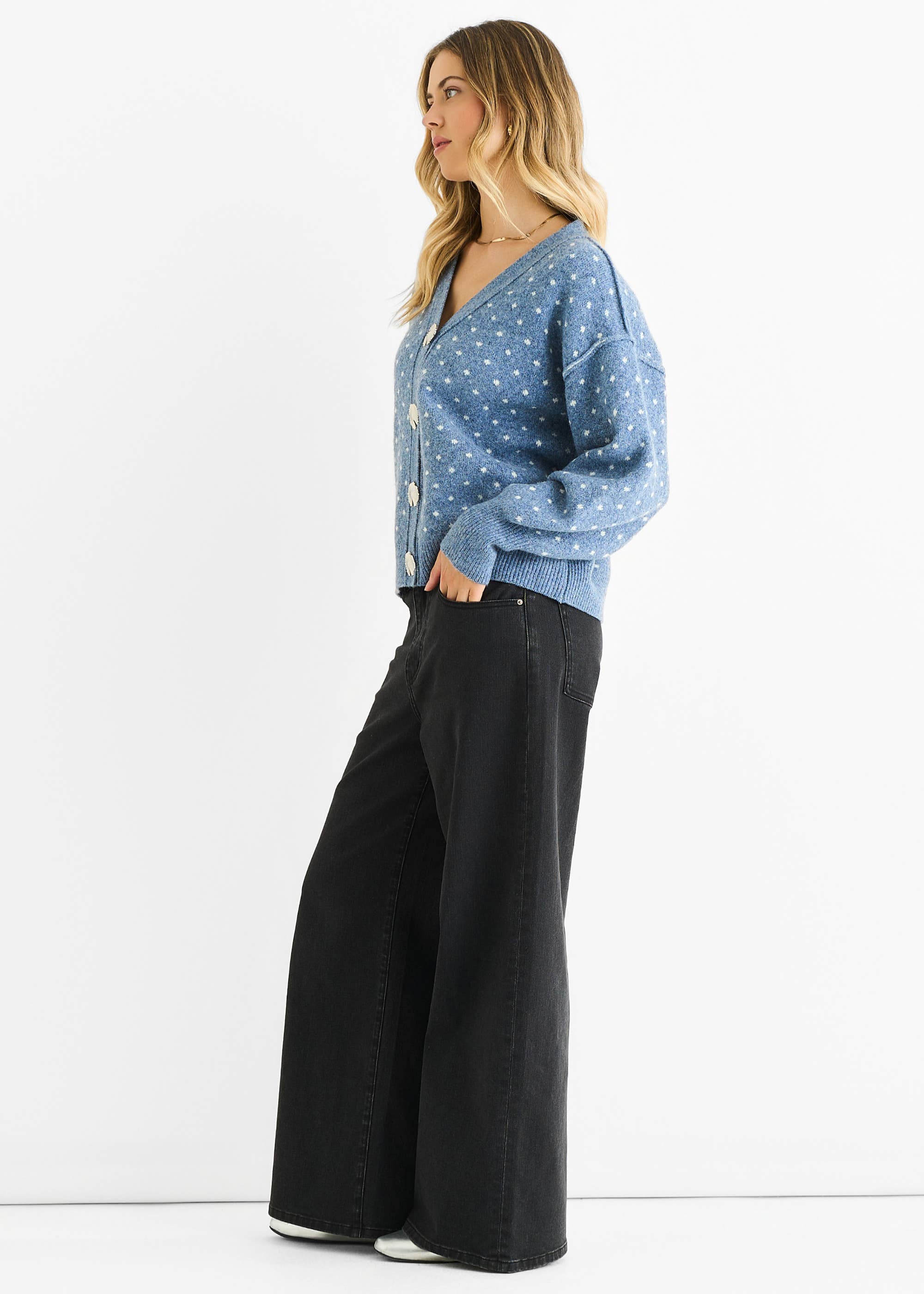 Blue Spot Print Button Cardigan Look Jumper