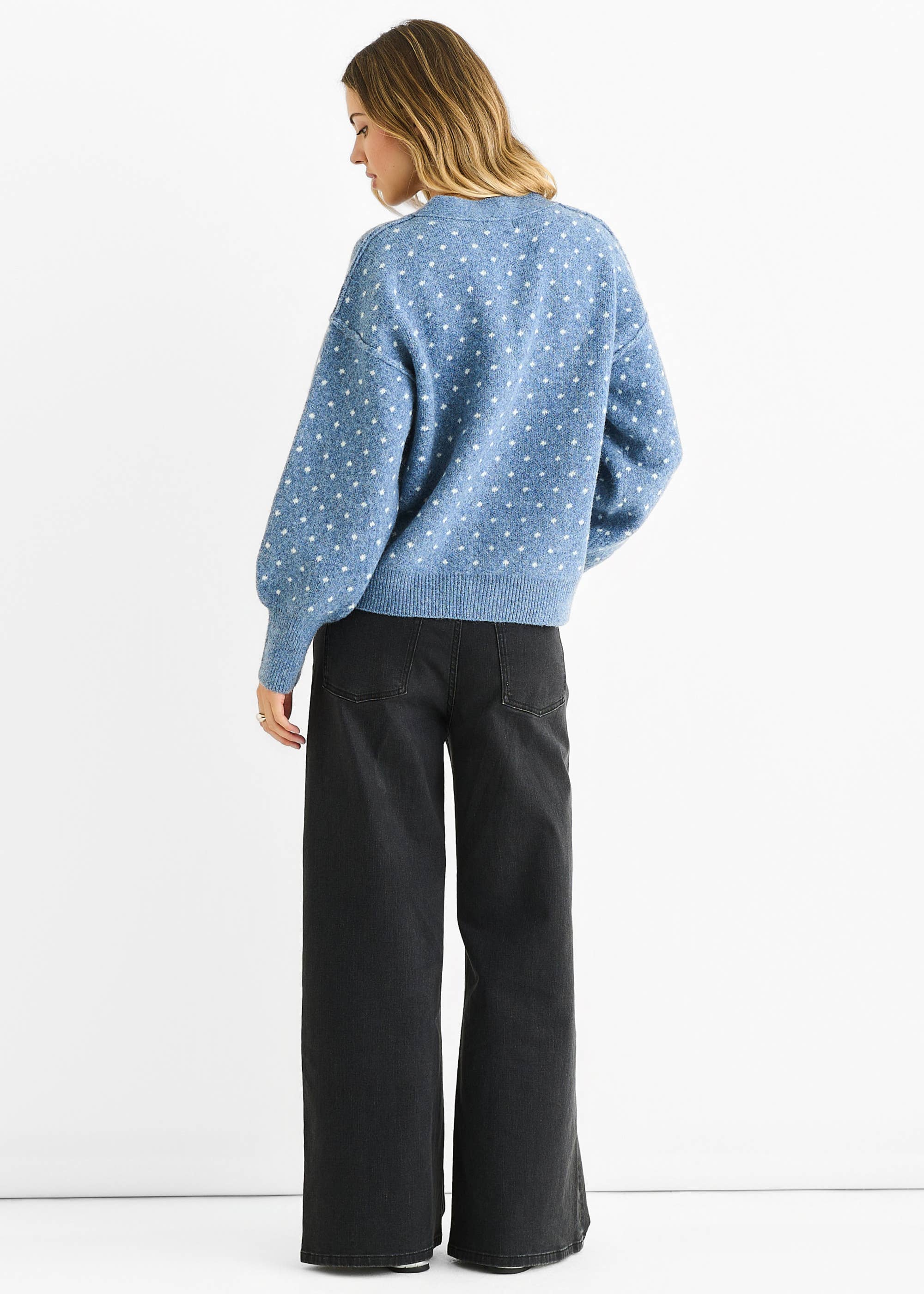 Blue Spot Print Button Cardigan Look Jumper