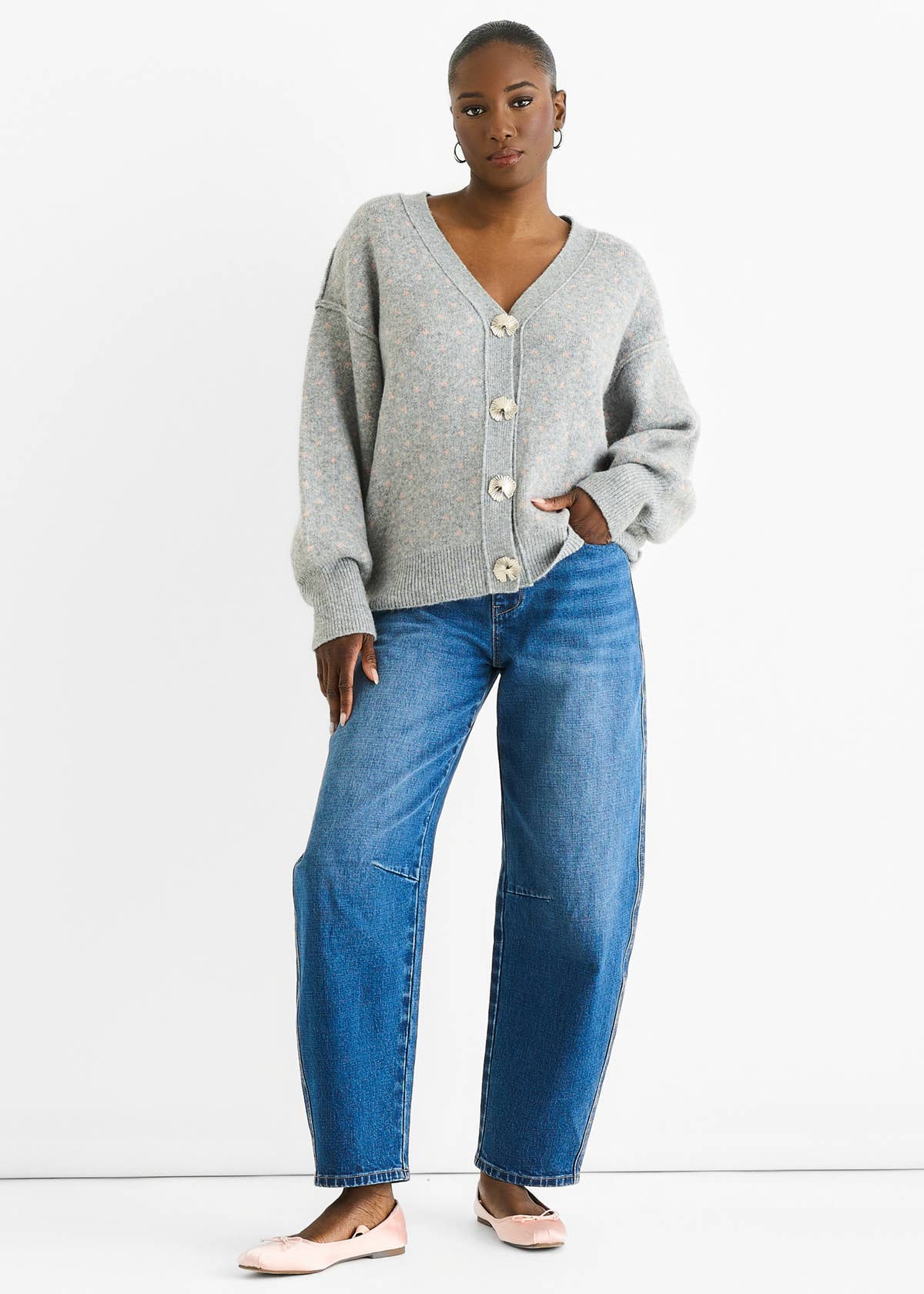 Grey Spot Print Button Cardigan Look Jumper – View 2 | Gini London