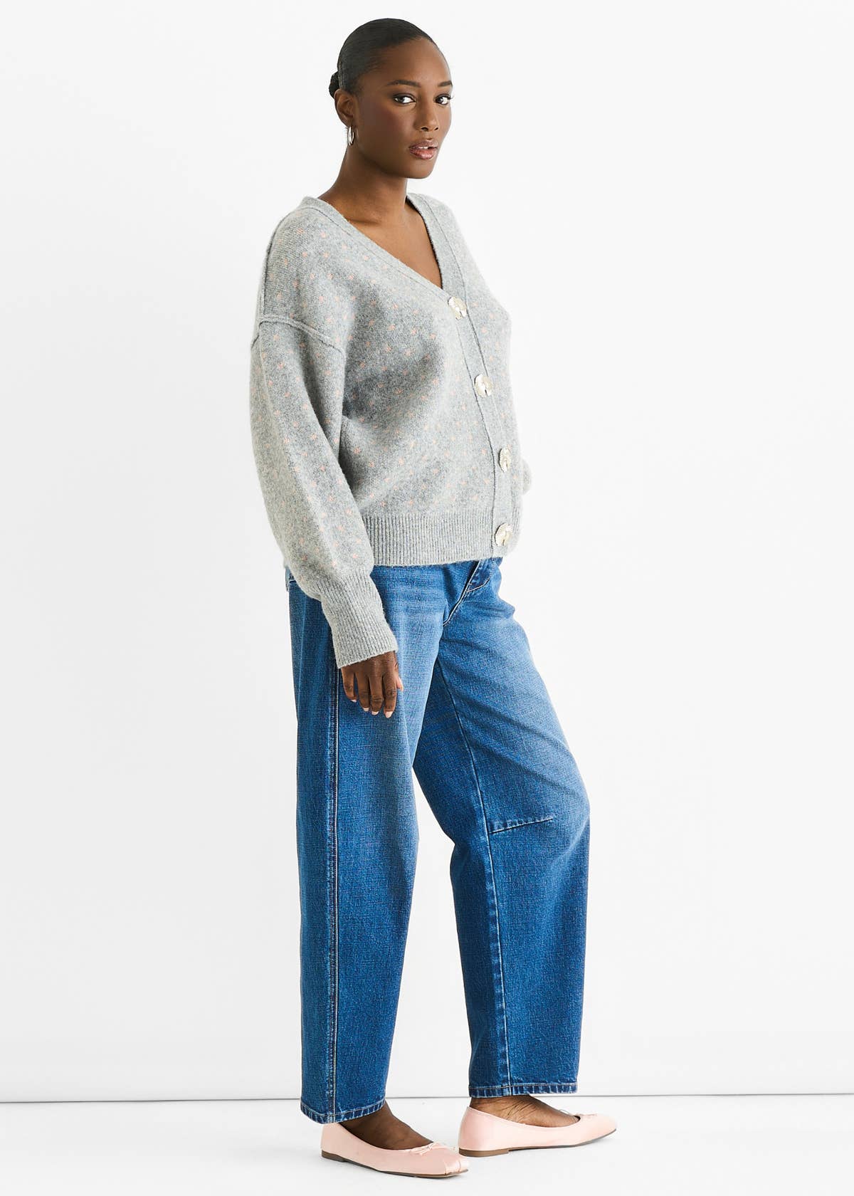 Grey Spot Print Button Cardigan Look Jumper – View 4 | Gini London
