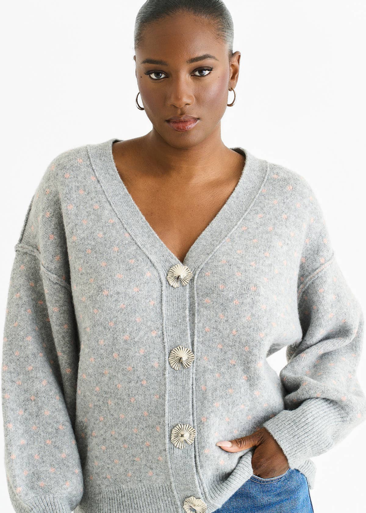 Grey Spot Print Button Cardigan Look Jumper – View 1 | Gini London
