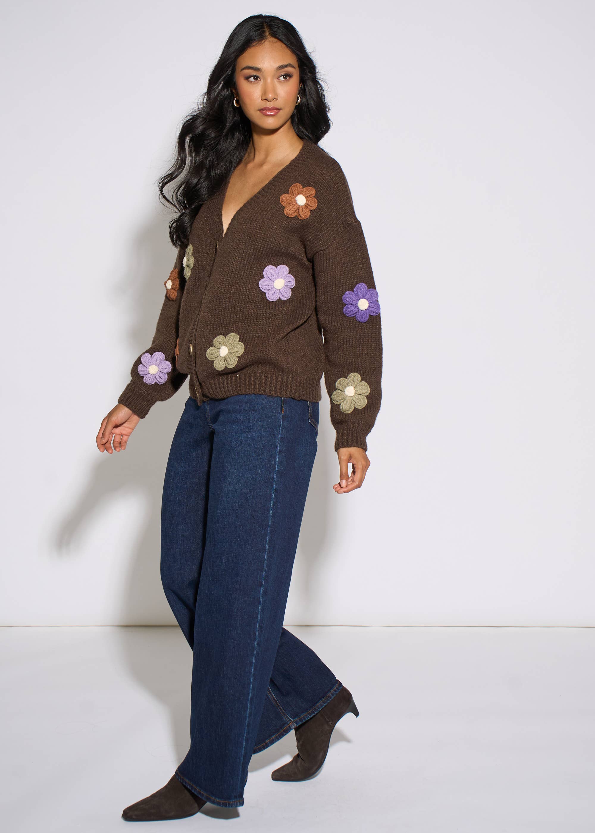 Brown 3D Floral Long Sleeves Knit Cardigan
