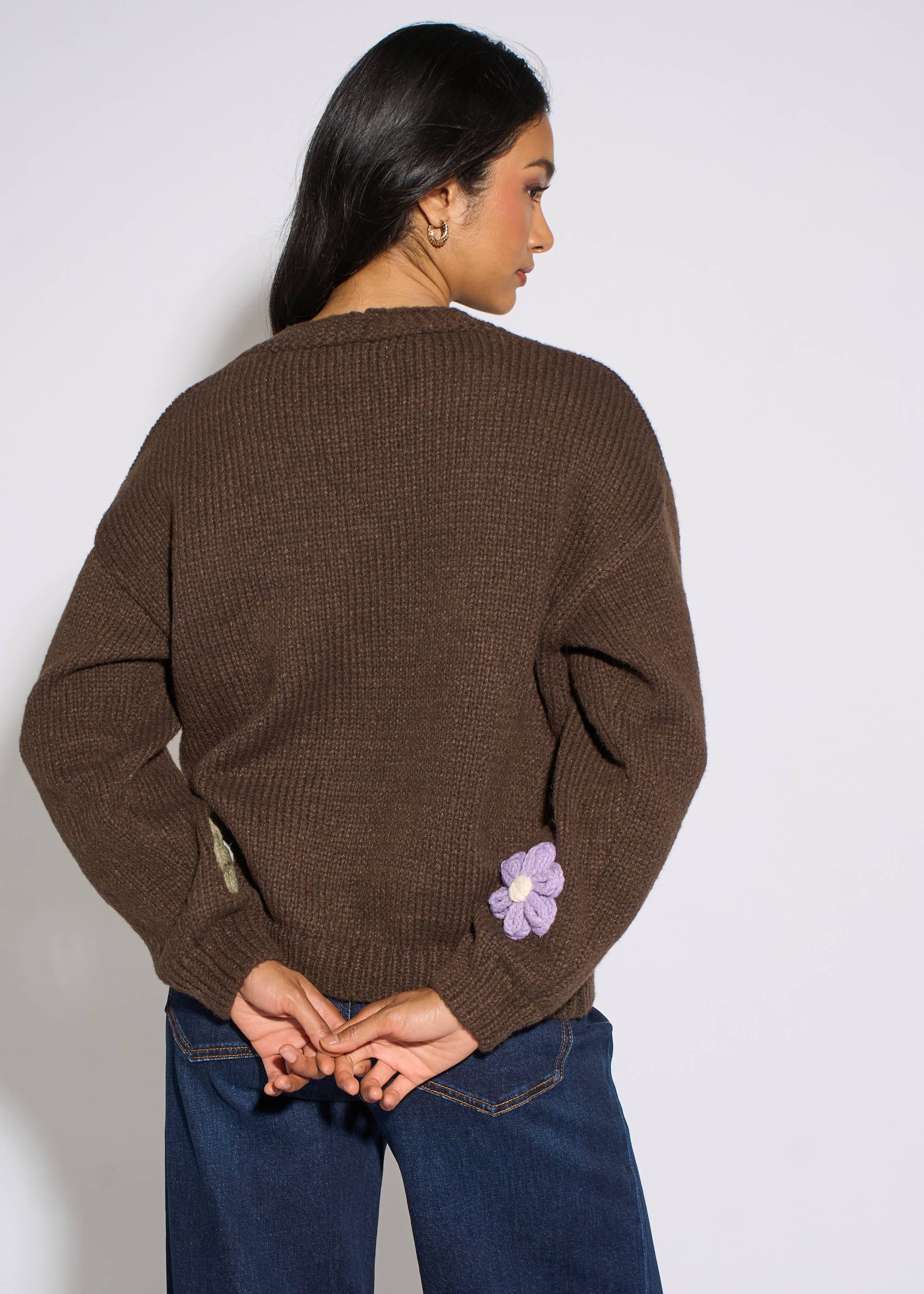 Brown 3D Floral Long Sleeves Knit Cardigan