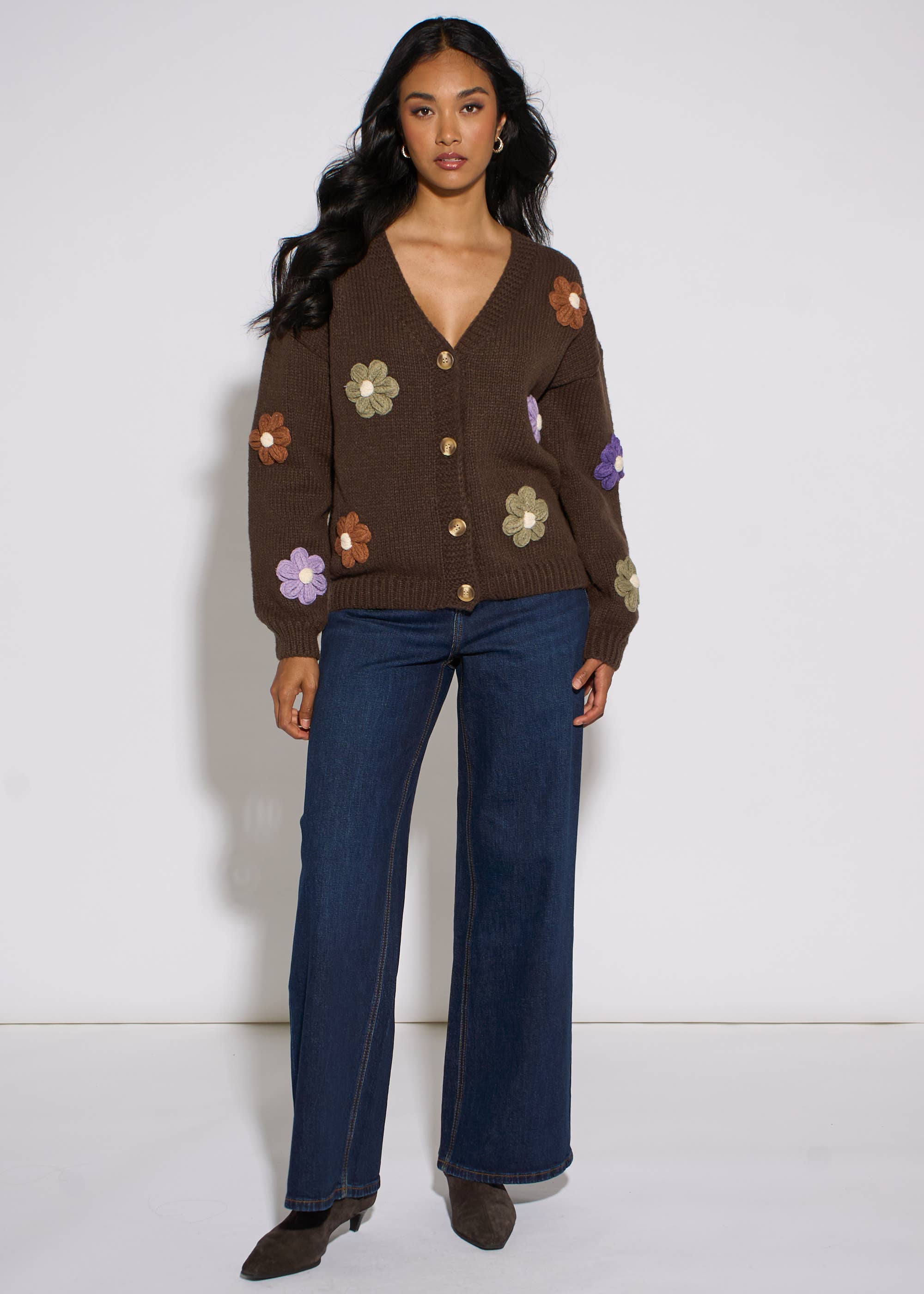 Brown 3D Floral Long Sleeves Knit Cardigan