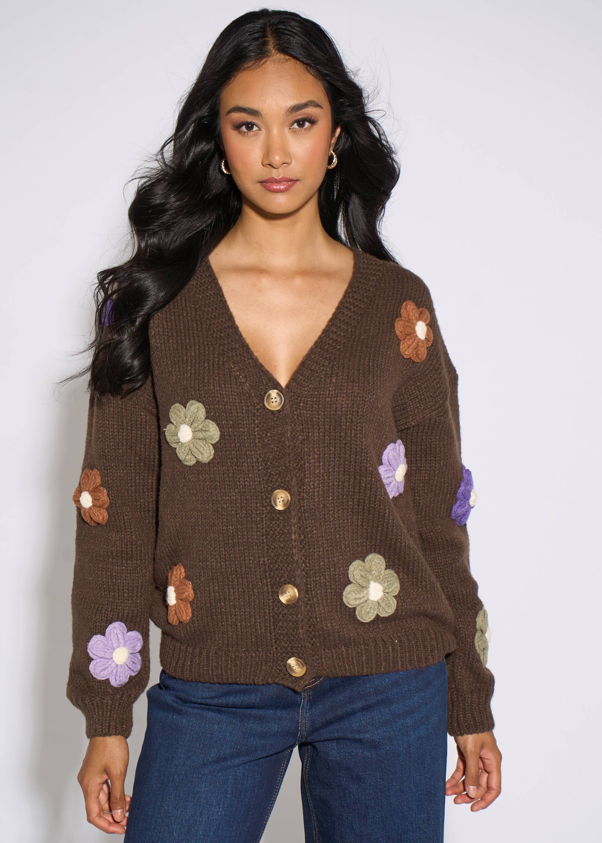 Brown 3D Floral Long Sleeves Knit Cardigan