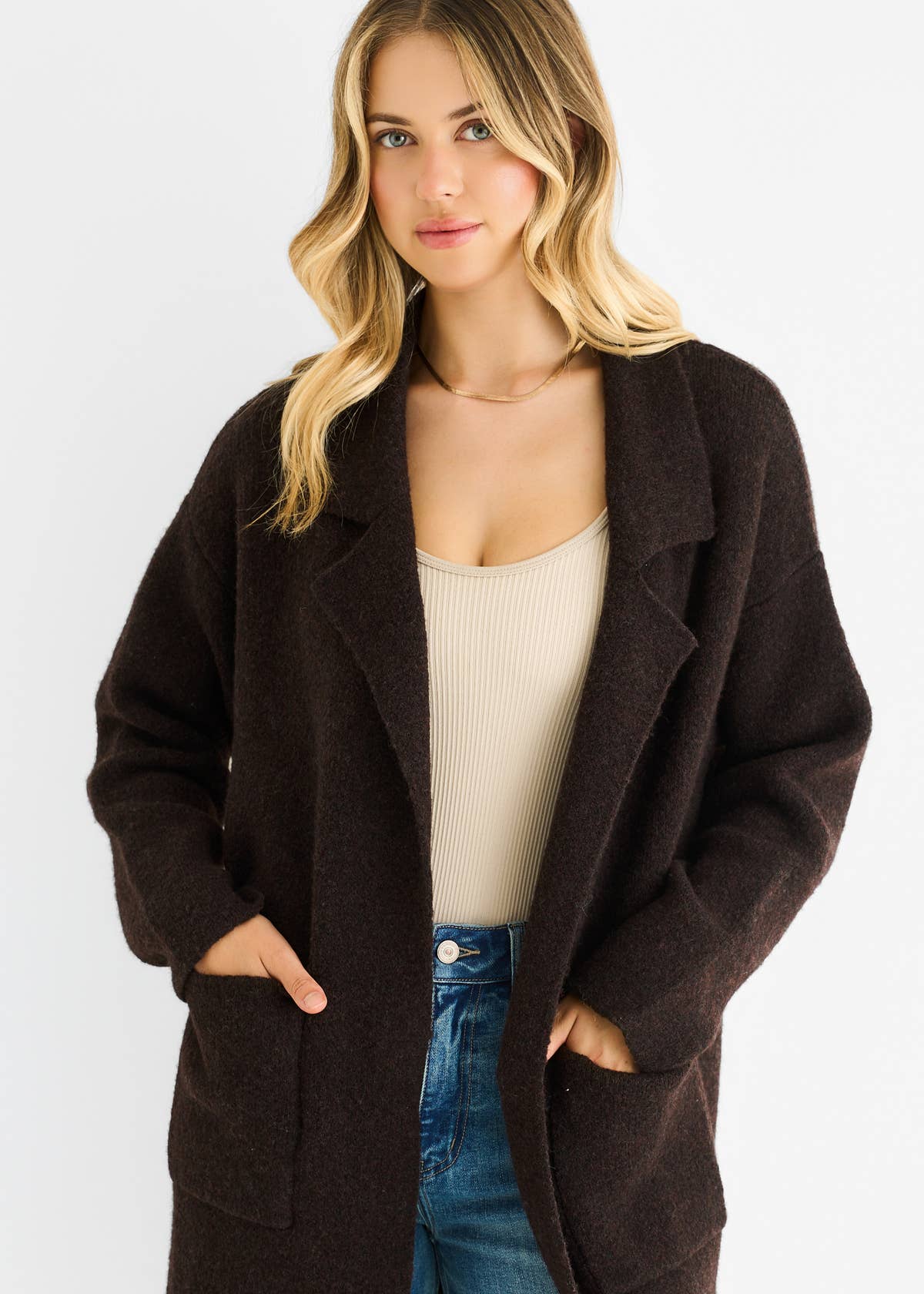 Chocolate Wool Mix Longline Edge to Edge Cardigan – View 3 | Gini London