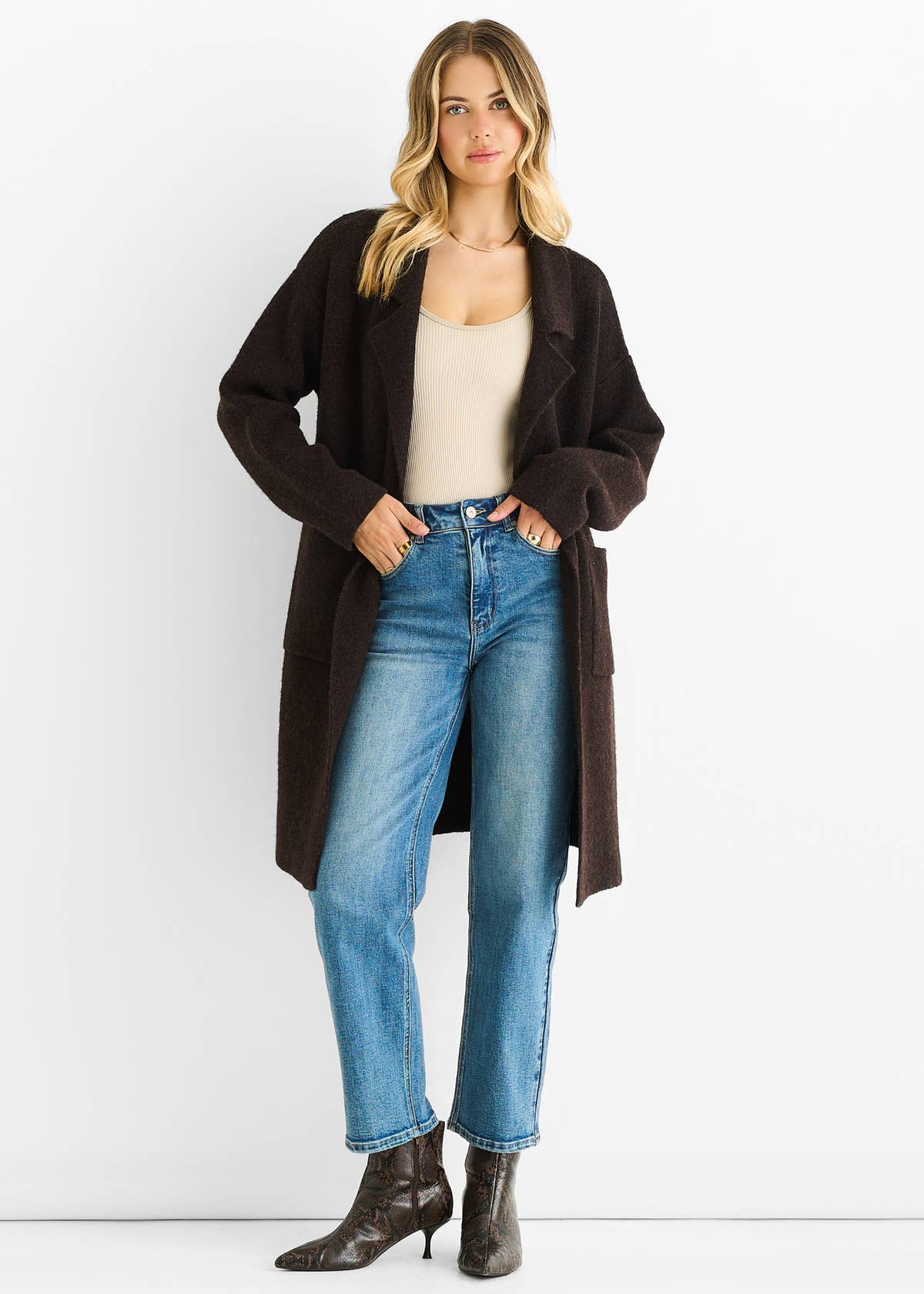 Chocolate Wool Mix Longline Edge to Edge Cardigan – View 1 | Gini London