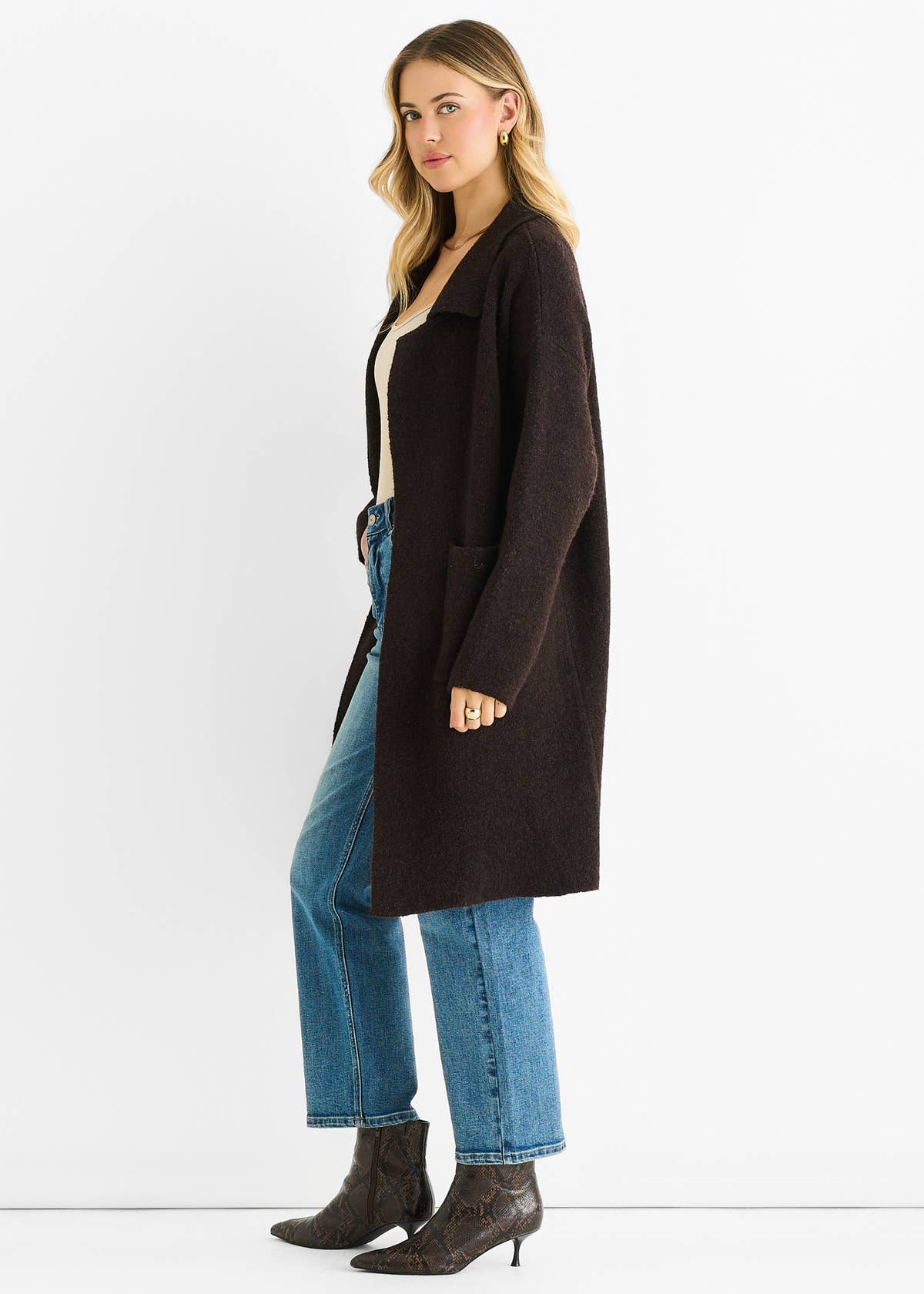 Chocolate Wool Mix Longline Edge to Edge Cardigan – View 4 | Gini London