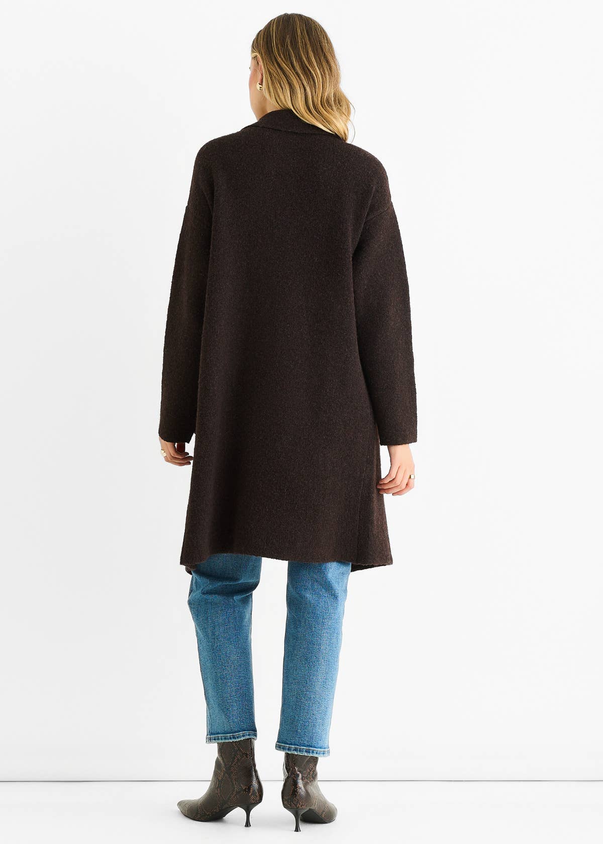 Chocolate Wool Mix Longline Edge to Edge Cardigan – View 2 | Gini London