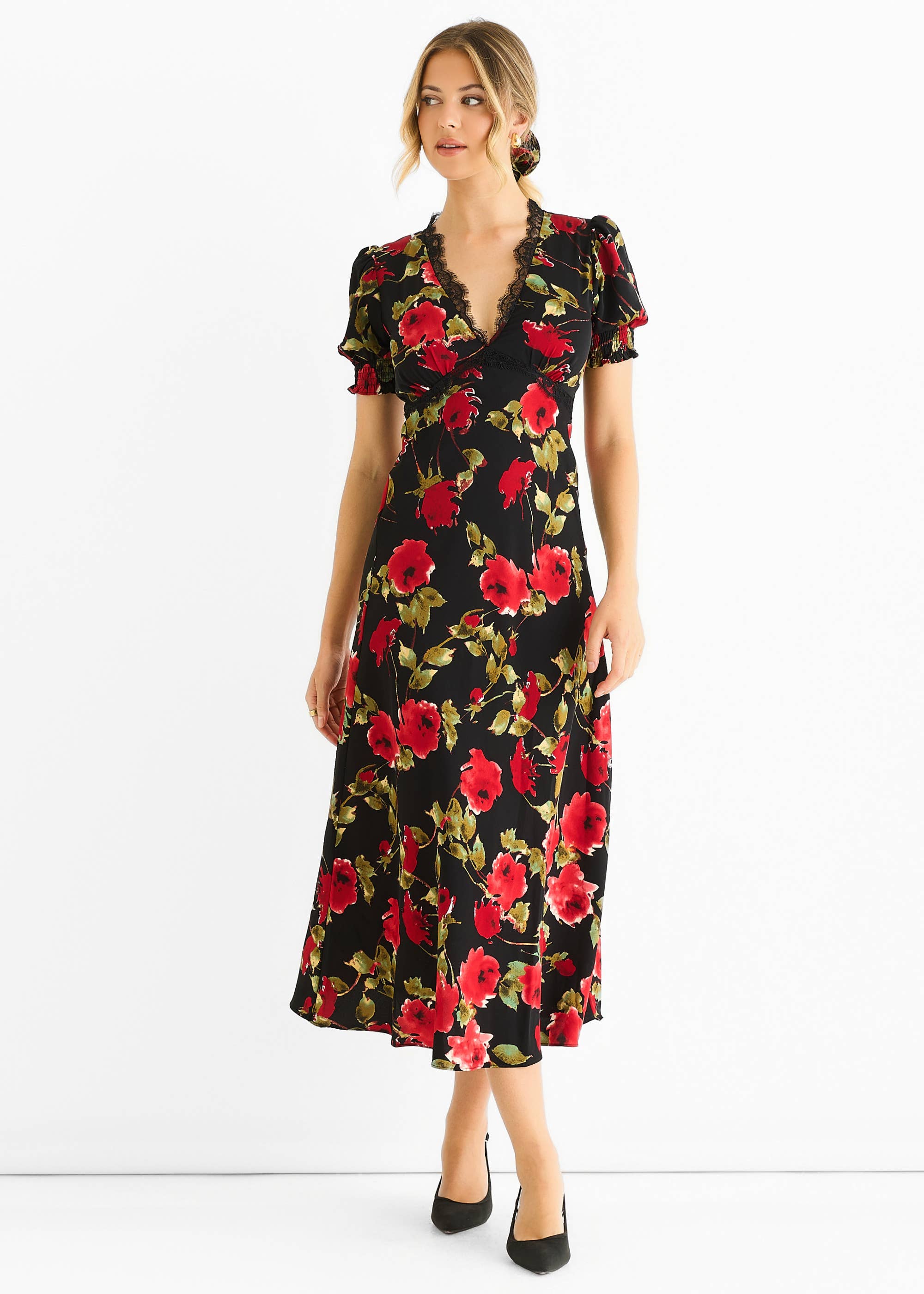 Black & Red Floral Lace Trim Detail Midi Dress