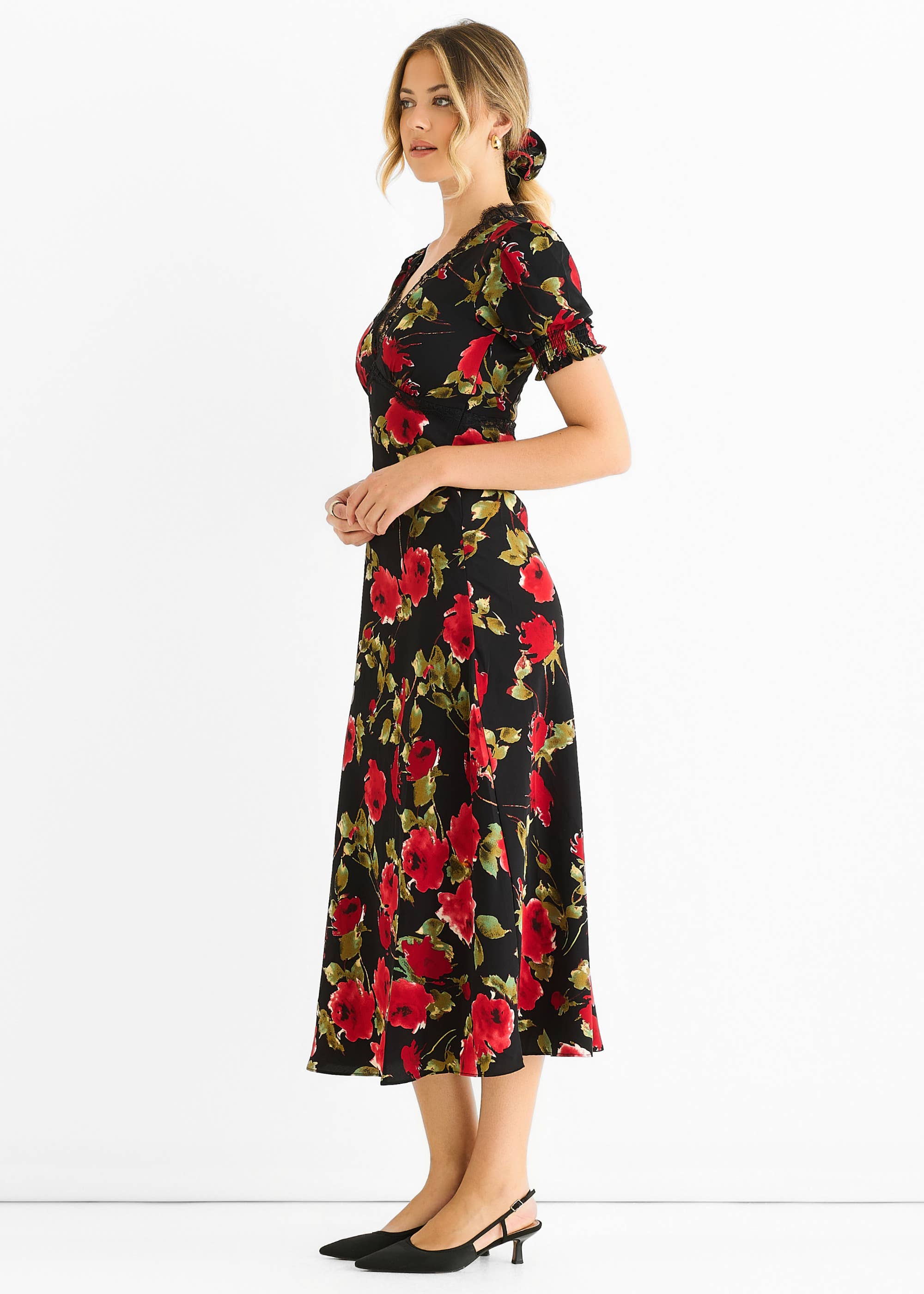 Black & Red Floral Lace Trim Detail Midi Dress
