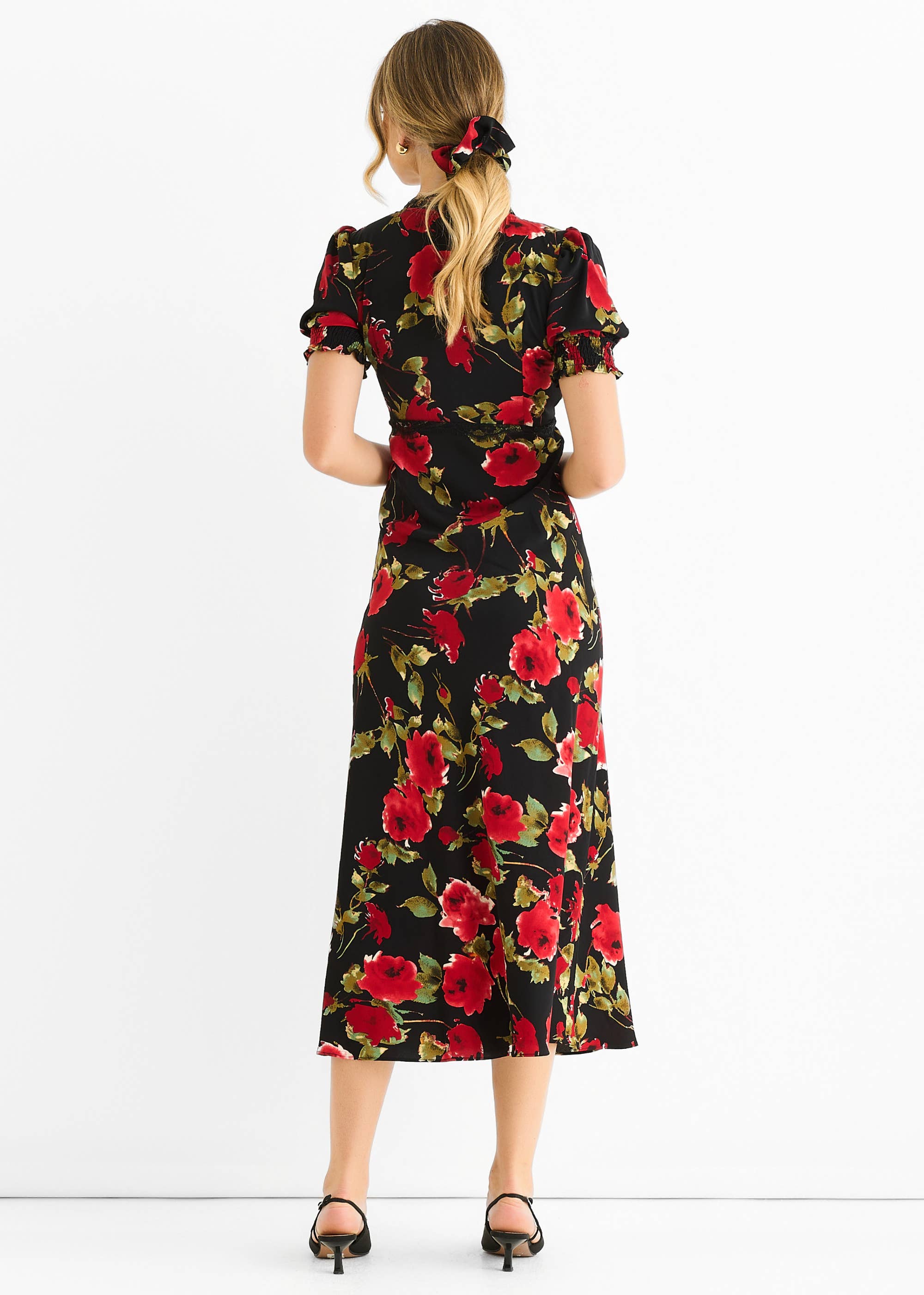 Black & Red Floral Lace Trim Detail Midi Dress