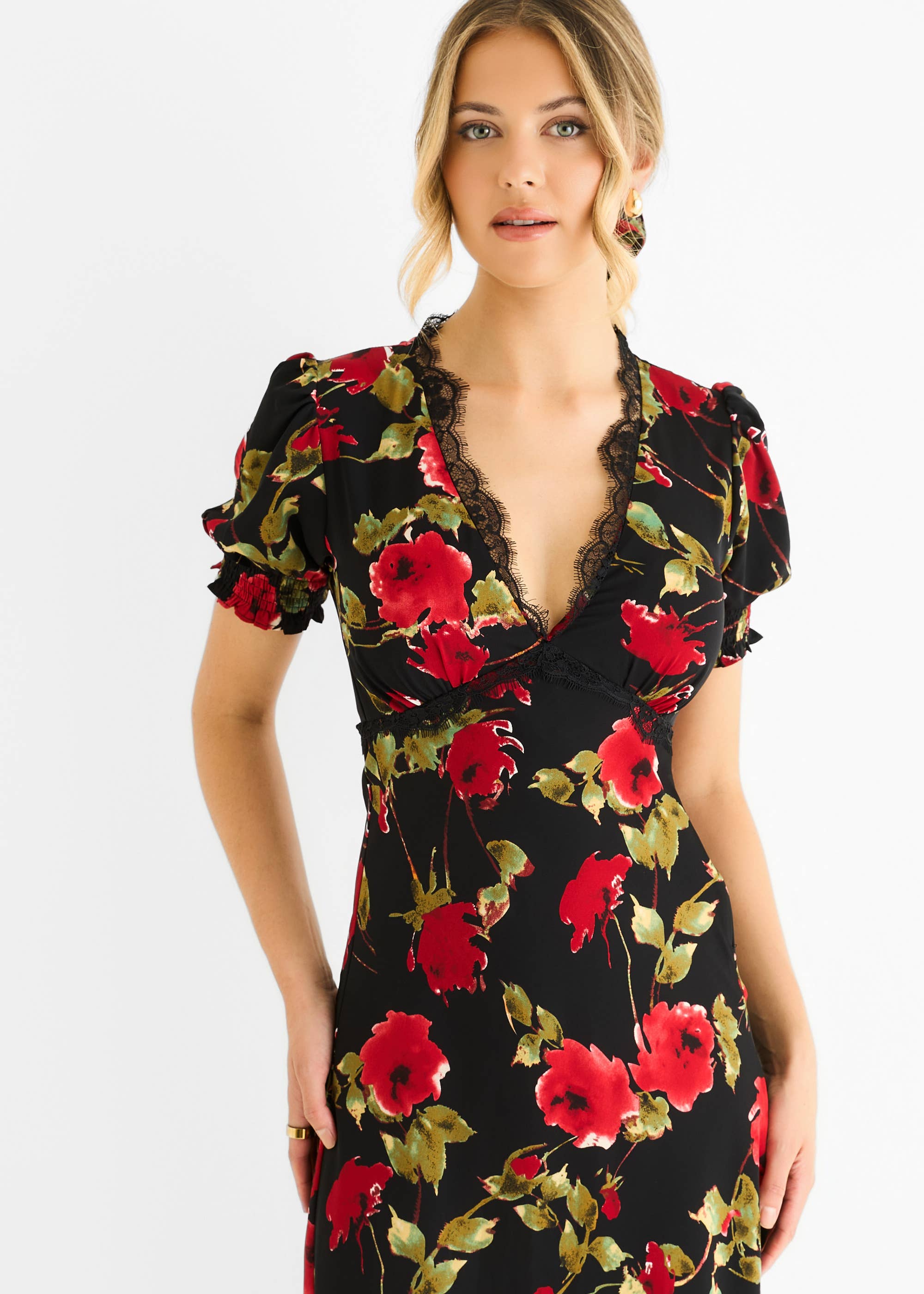 Black & Red Floral Lace Trim Detail Midi Dress