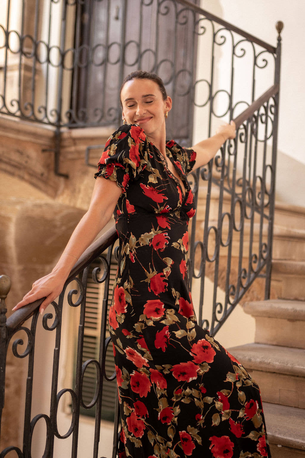 Black & Red Floral Lace Trim Detail Midi Dress