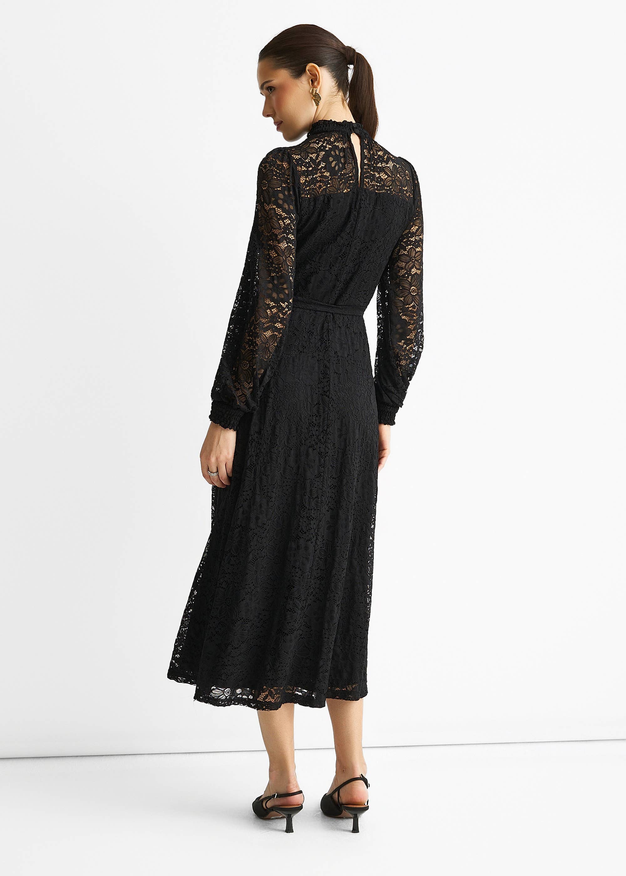 Black High Neck Jersey Lace Occasion Midi Dress