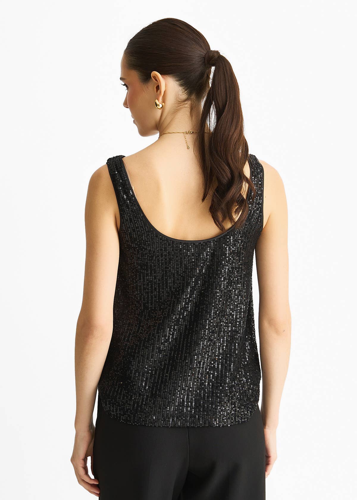 Black Sequin Cowl Neck Cami Top – View 2 | Gini London
