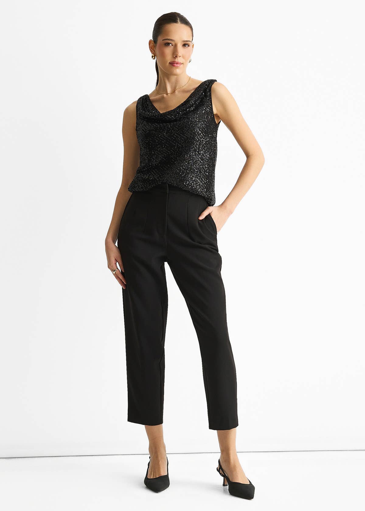 Black Sequin Cowl Neck Cami Top – View 4 | Gini London