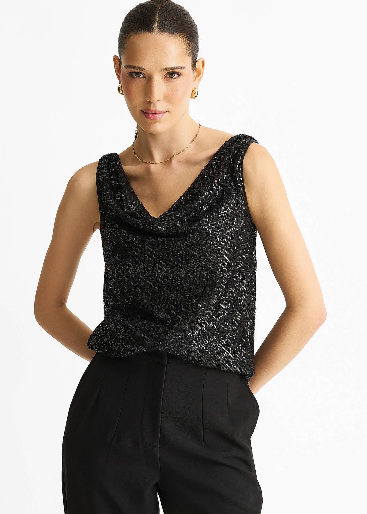 Black Sequin Cowl Neck Cami Top – View 1 | Gini London