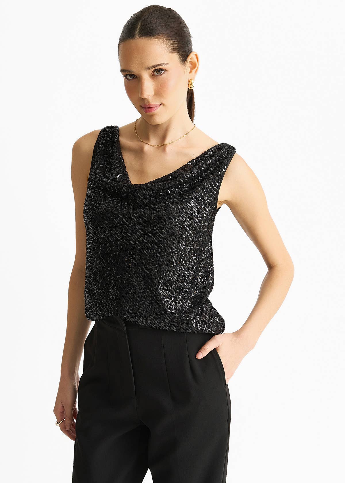 Black Sequin Cowl Neck Cami Top – View 3 | Gini London