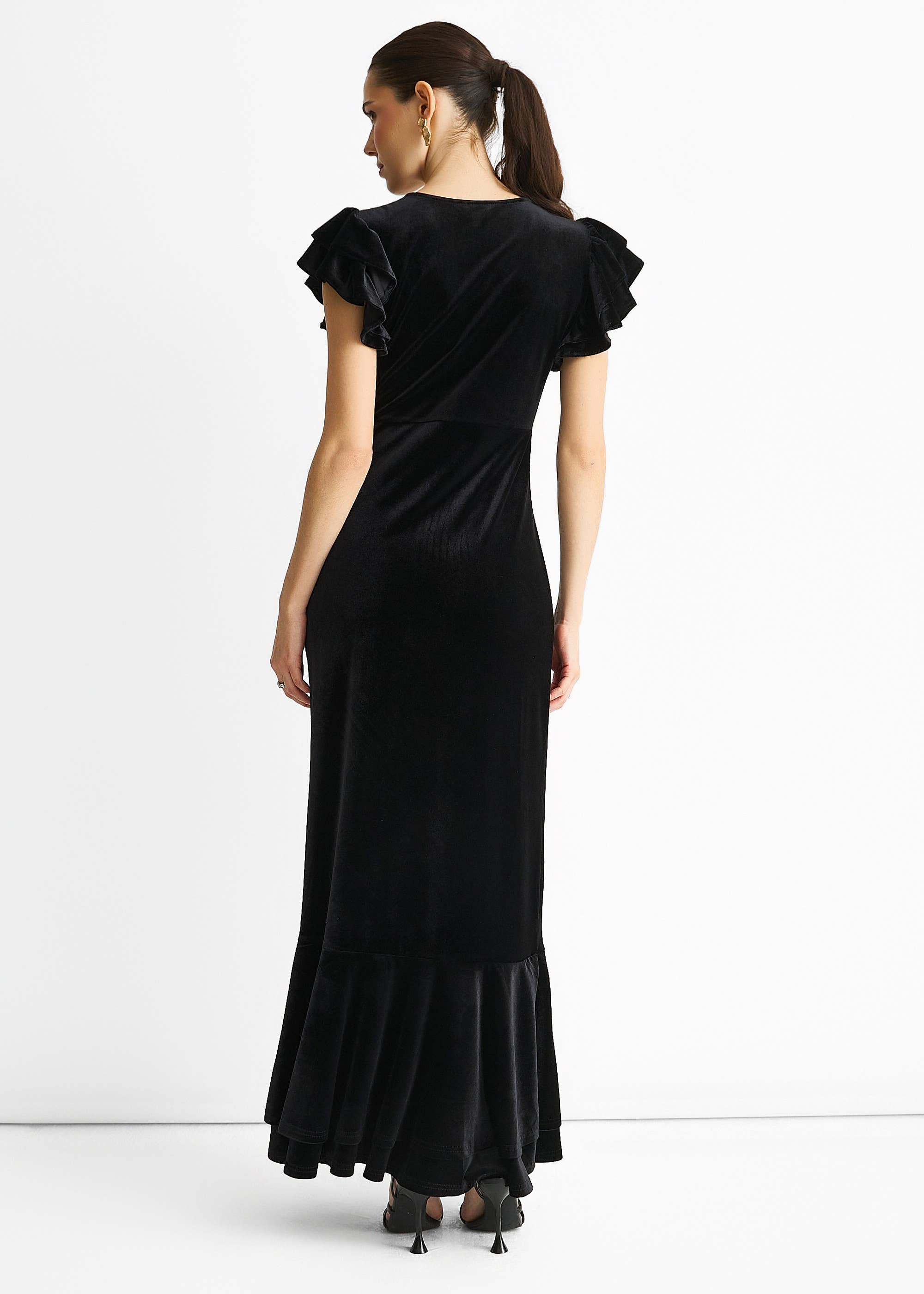 Black V Neck Ruffle Sleeves Velvet Occasion Maxi Dress