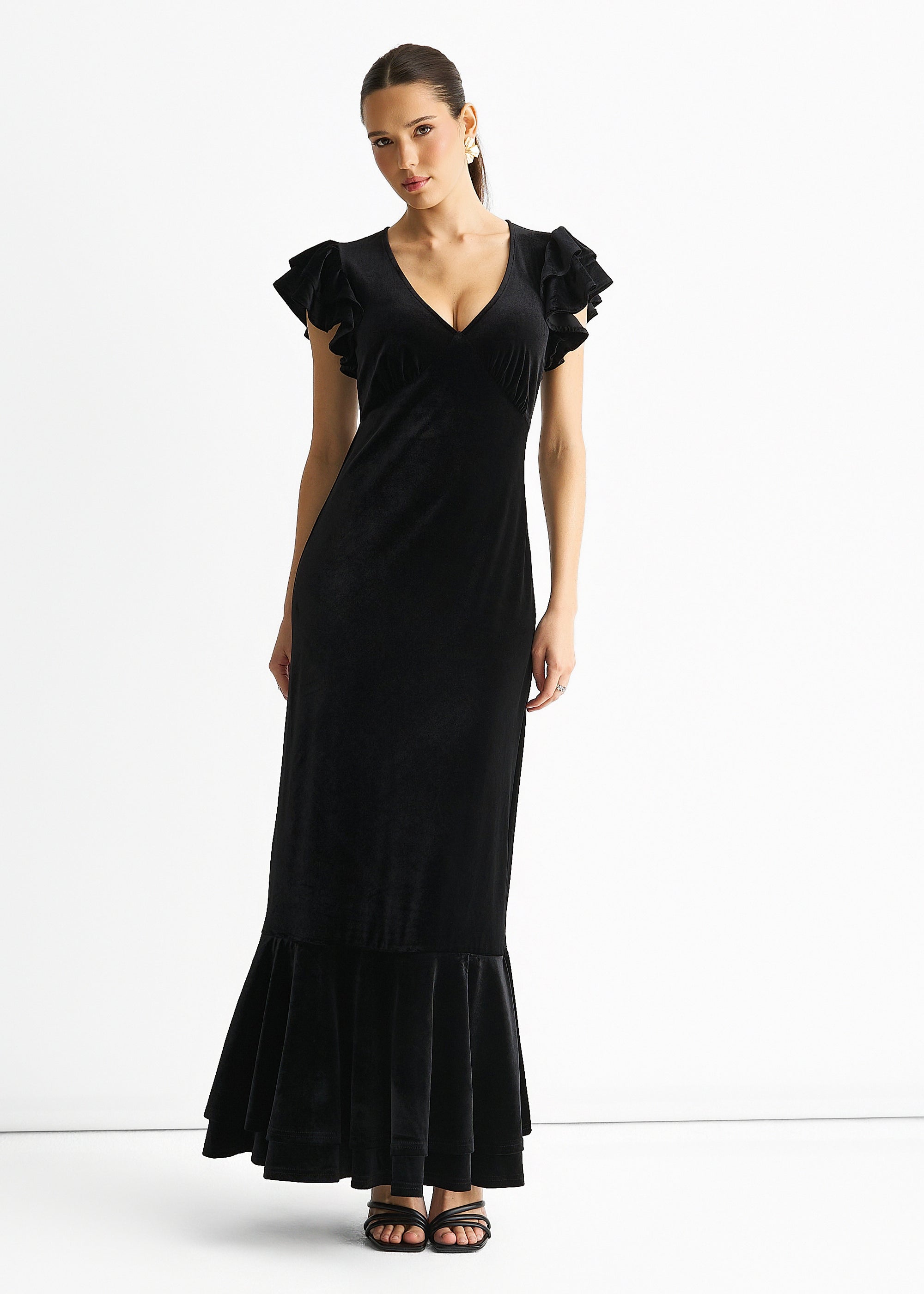 V Neck Ruffle Sleeves Velvet Occasion Maxi Dress