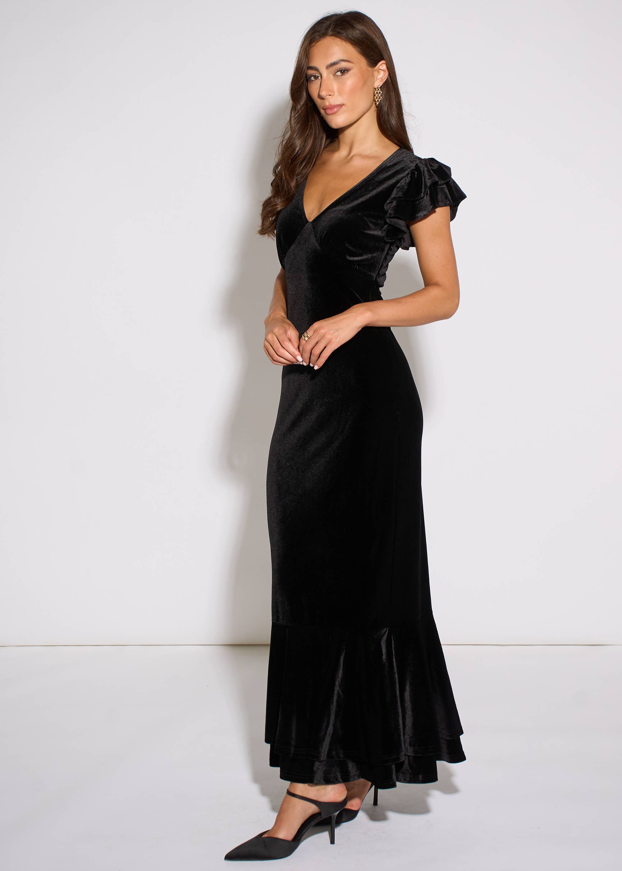 Black V Neck Ruffle Sleeves Velvet Occasion Maxi Dress