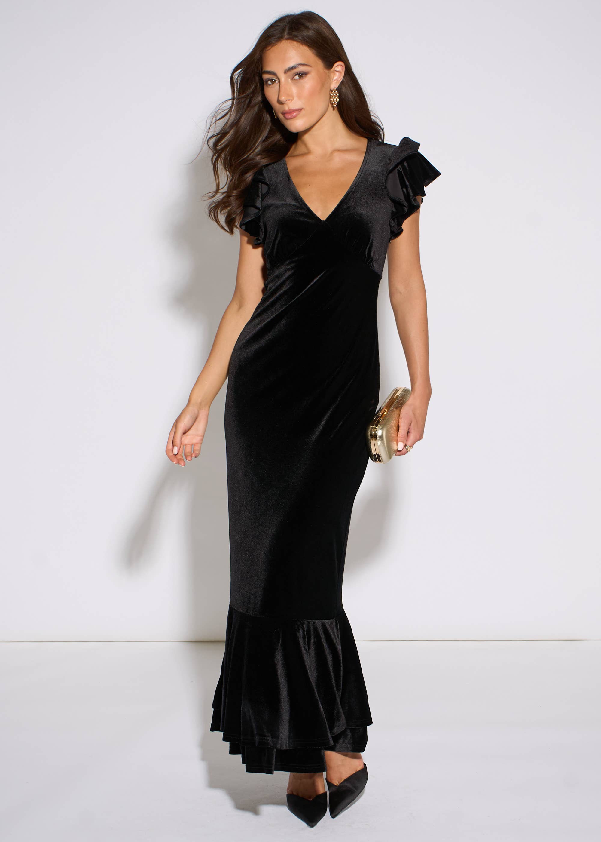 Black V Neck Ruffle Sleeves Velvet Occasion Maxi Dress