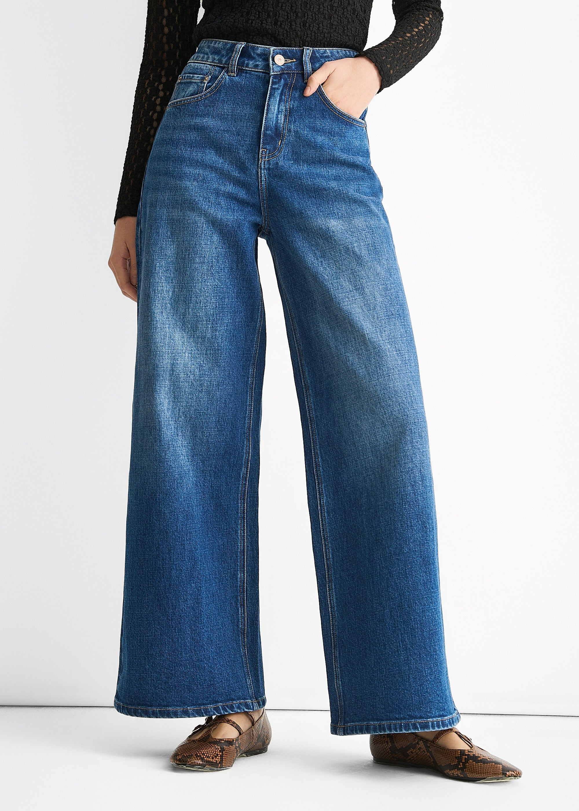 Blue Mid Rise Wide Leg Jeans