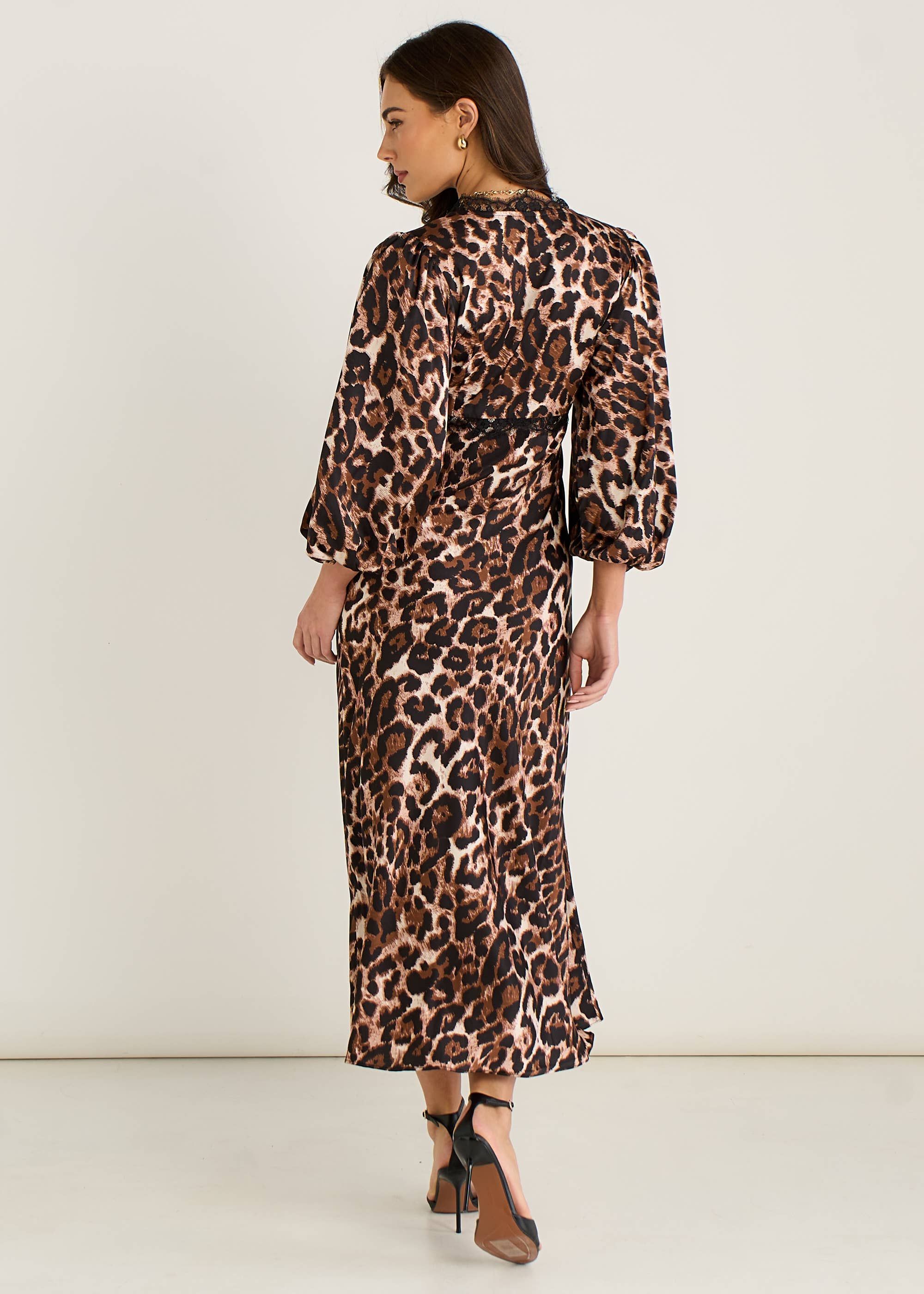 Brown Animal Lace Trim Satin Bias Midi Dress