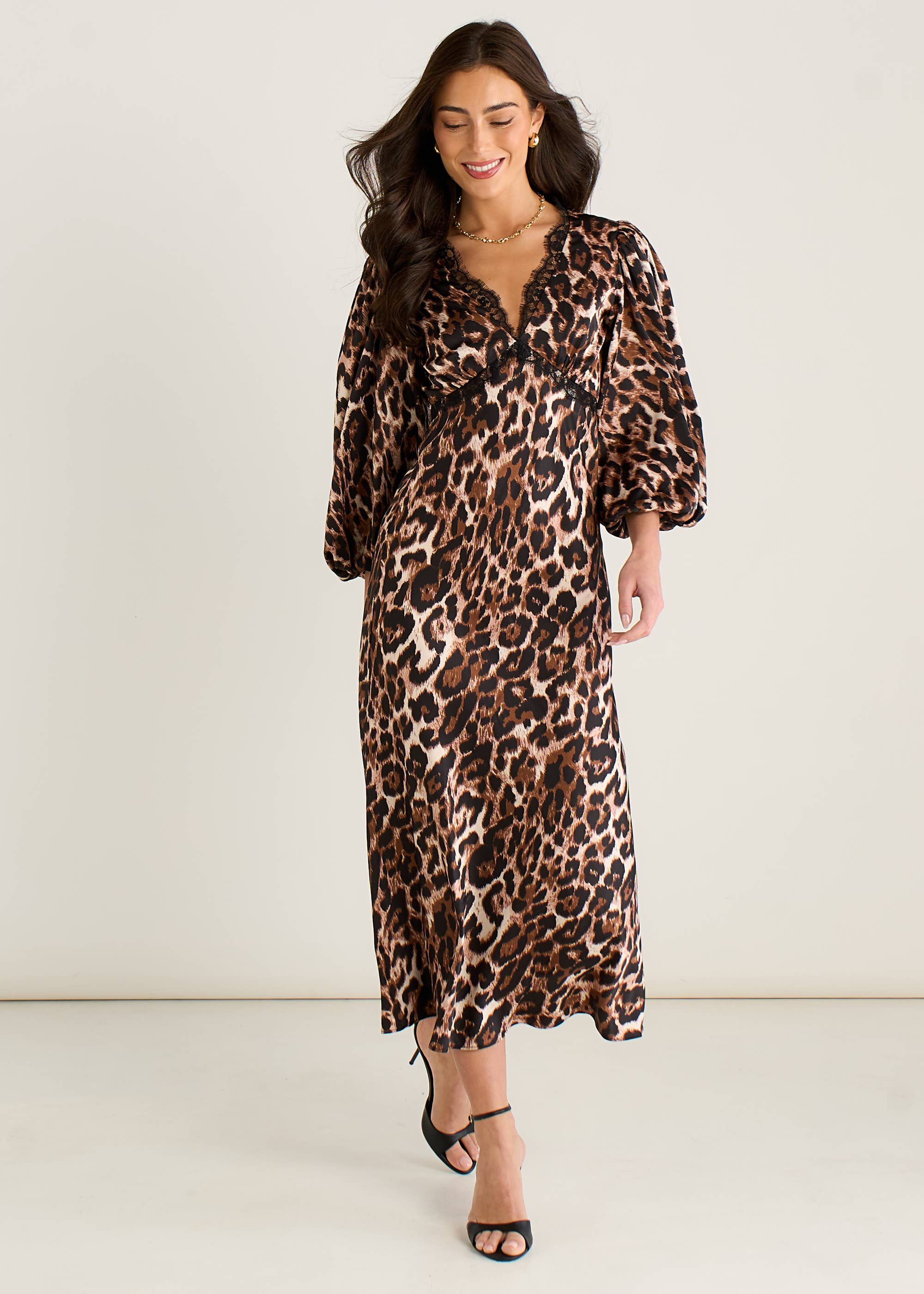 Brown Animal Lace Trim Satin Bias Midi Dress