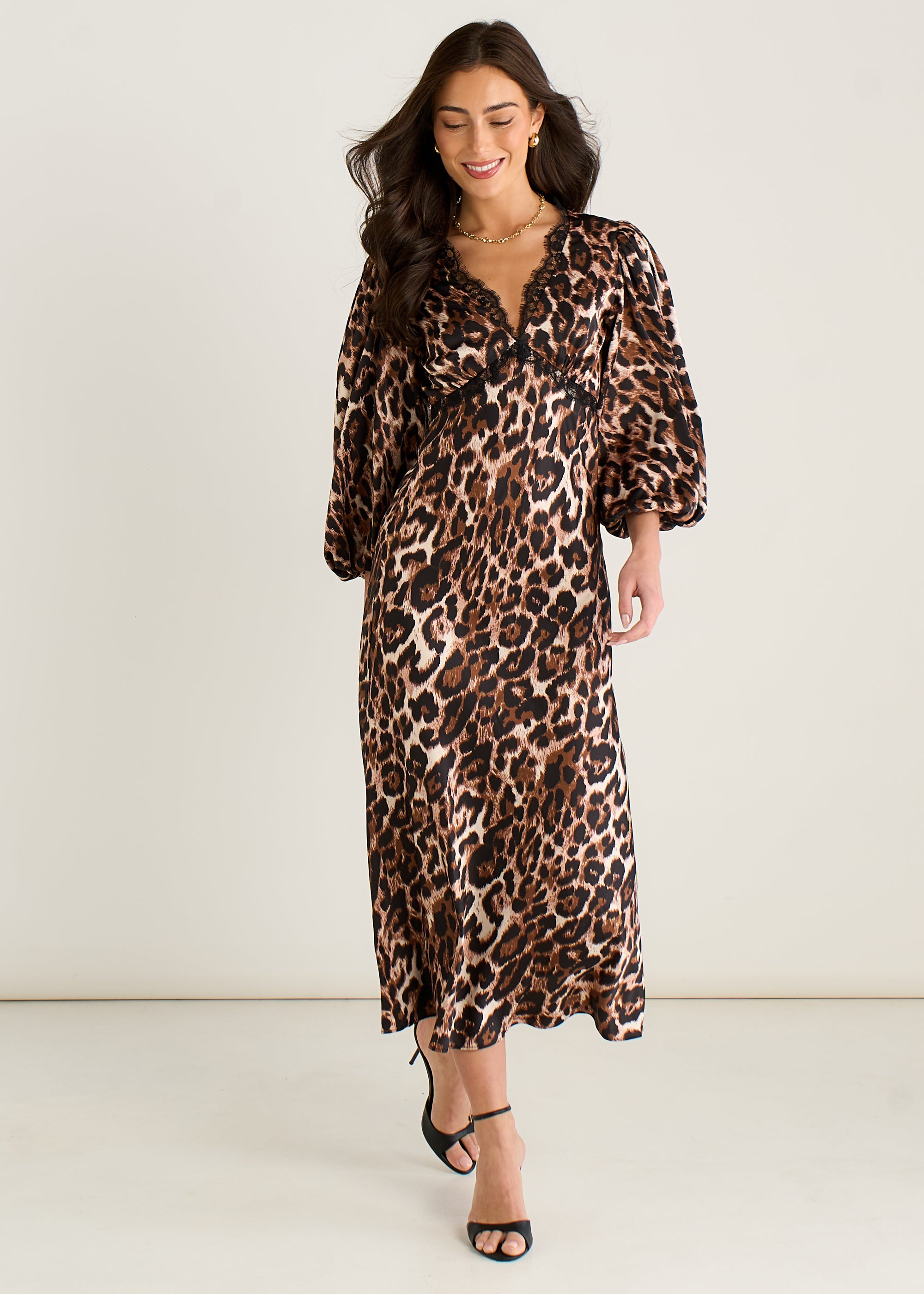 Animal Lace Trim Satin Bias Midi Dress