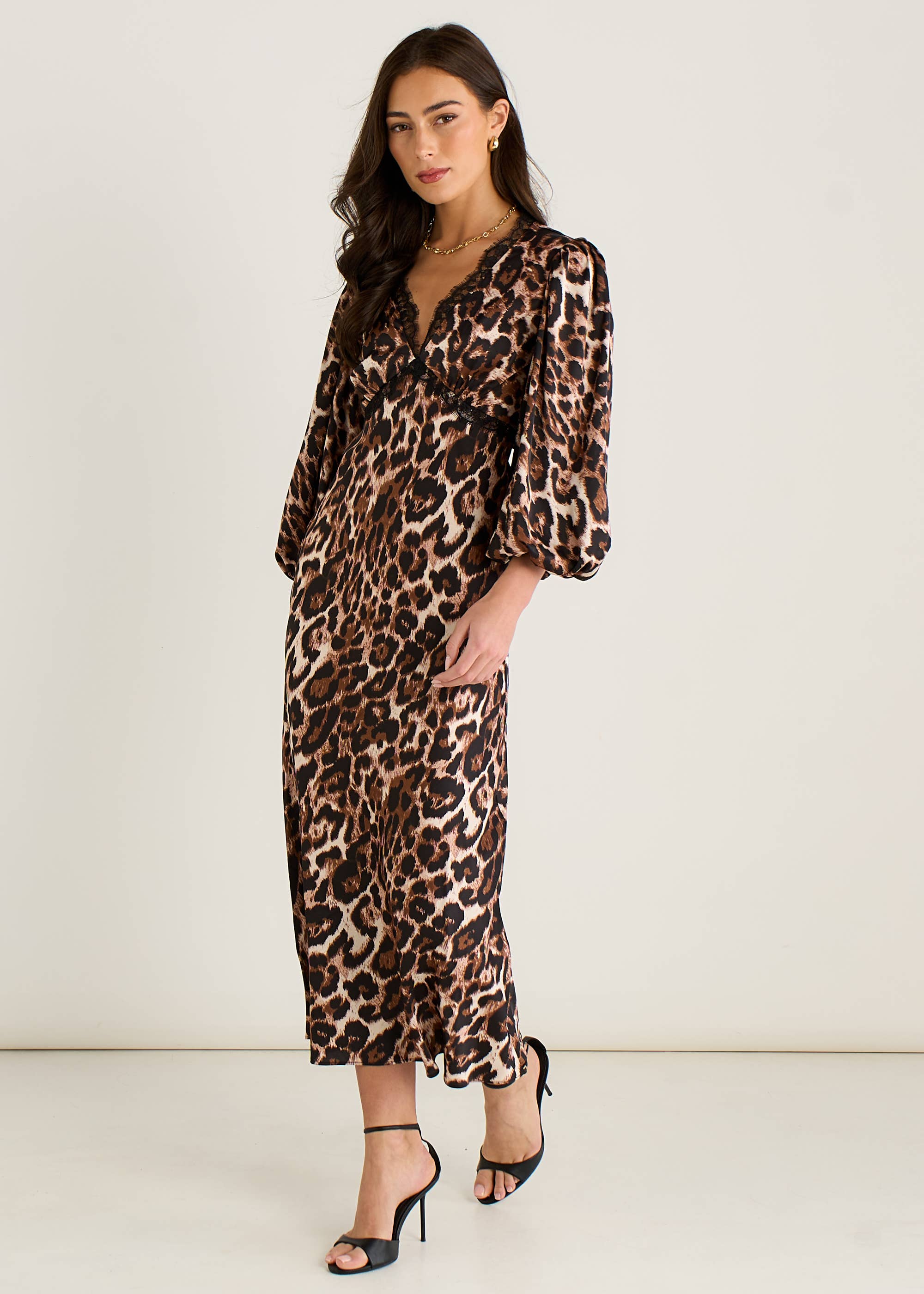 Brown Animal Lace Trim Satin Bias Midi Dress