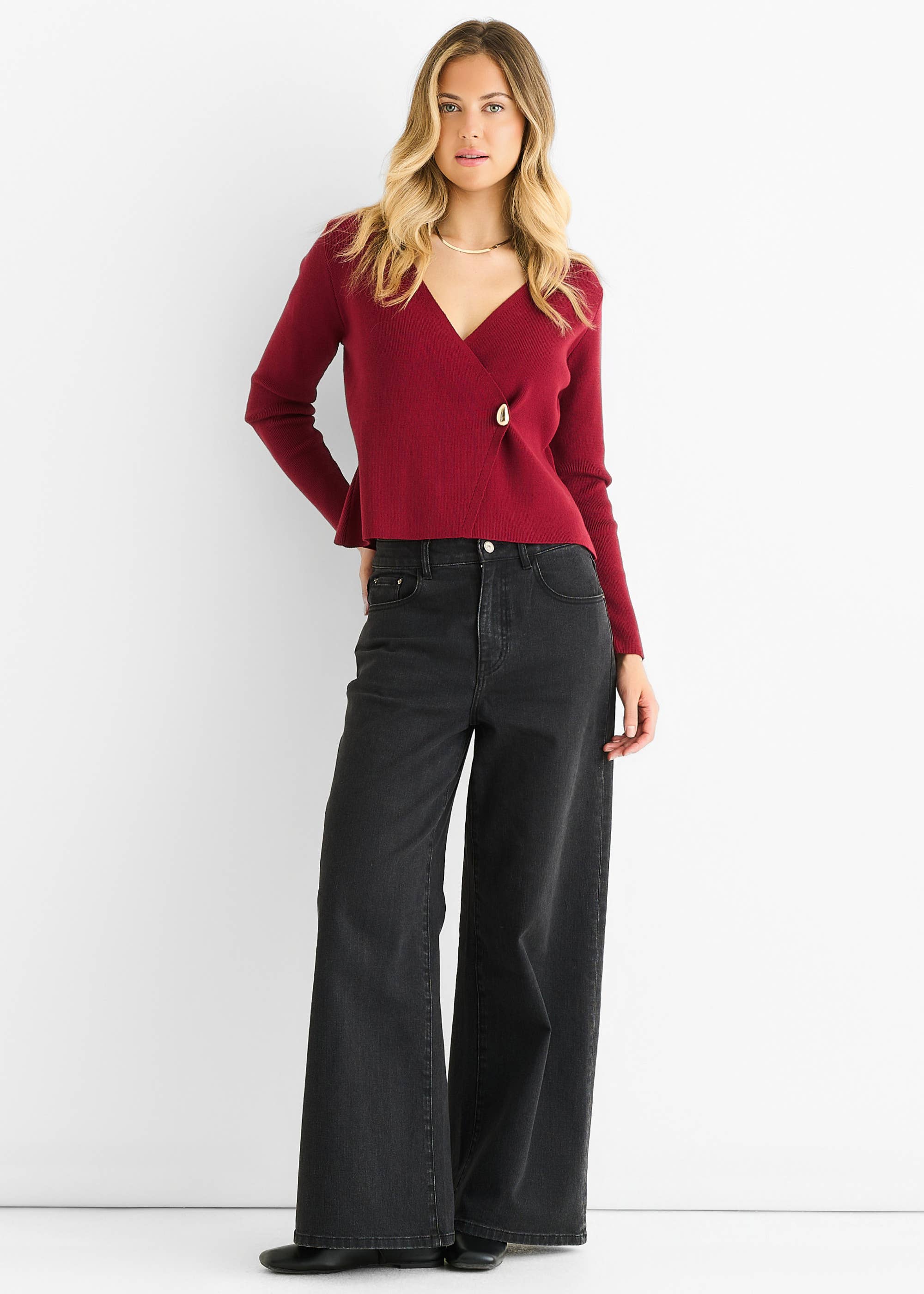 Burgundy Button Wrap Compact Knit Cardigan