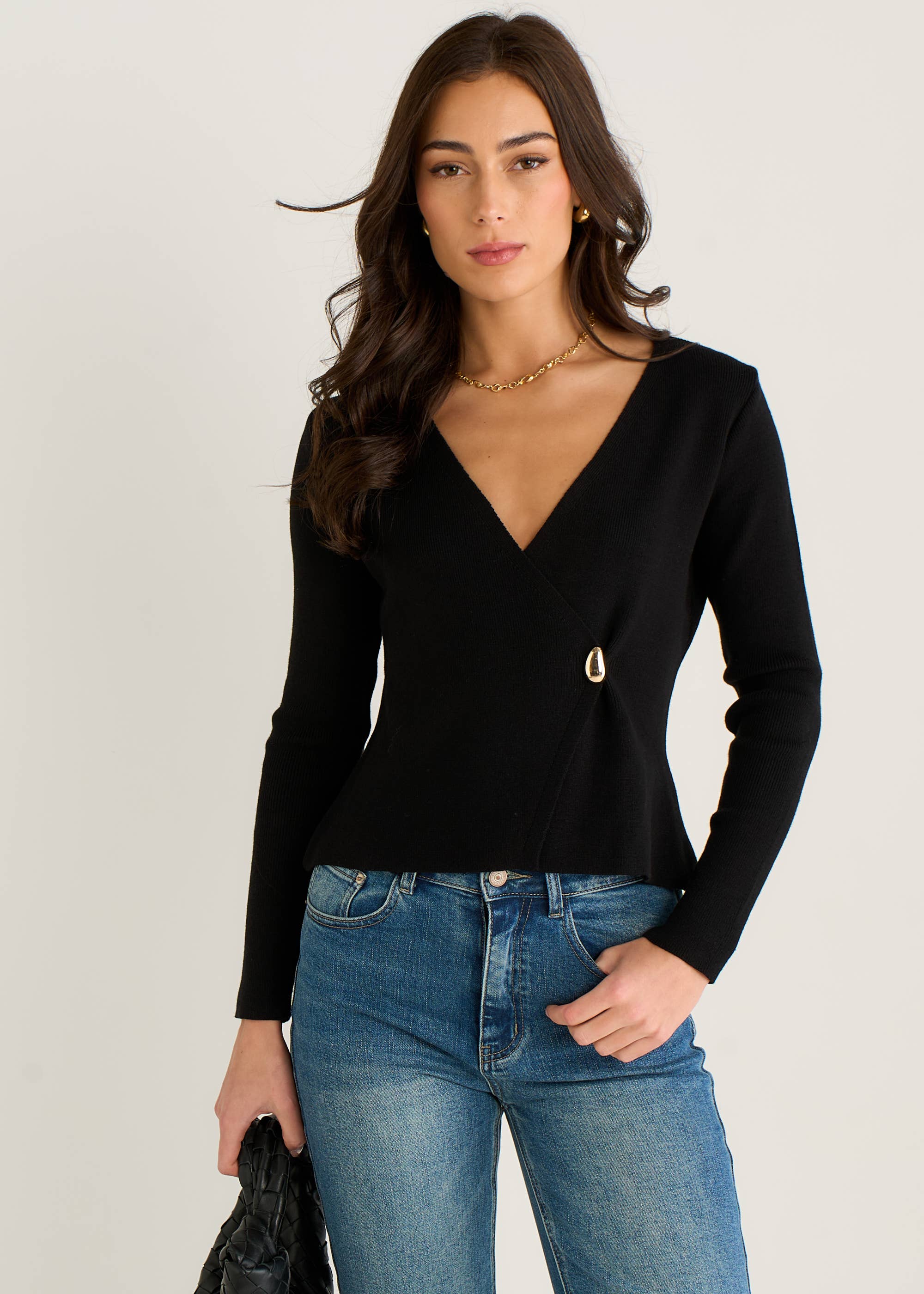 Black Button Wrap Compact Knit Cardigan