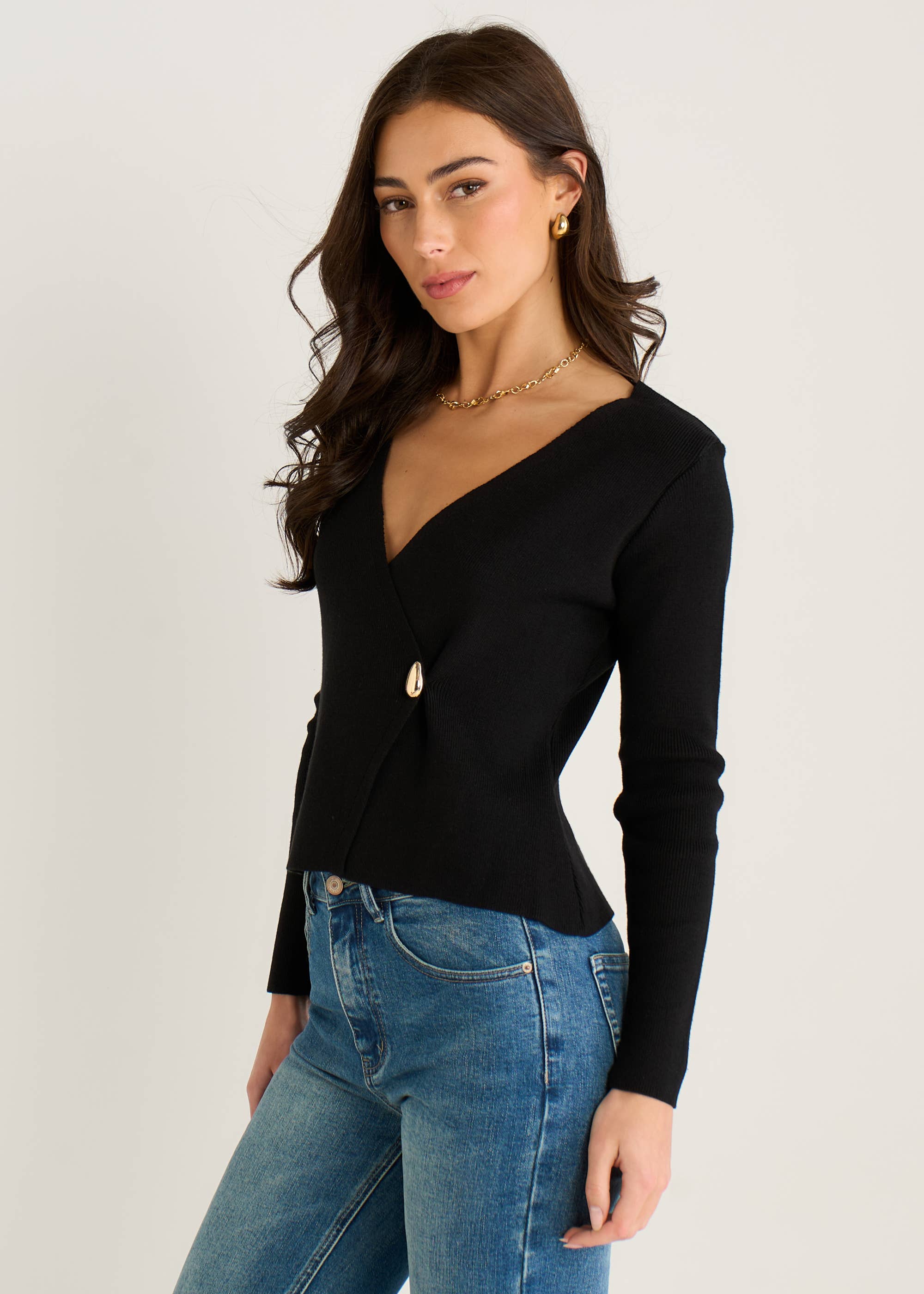Black Button Wrap Compact Knit Cardigan