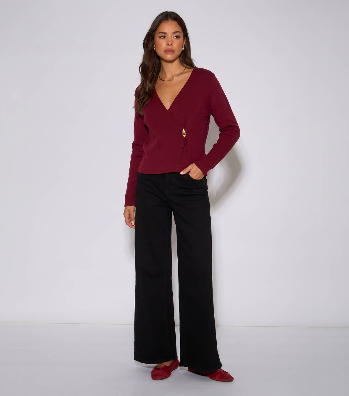 Burgundy Button Wrap Compact Knit Cardigan View 3 | Gini London