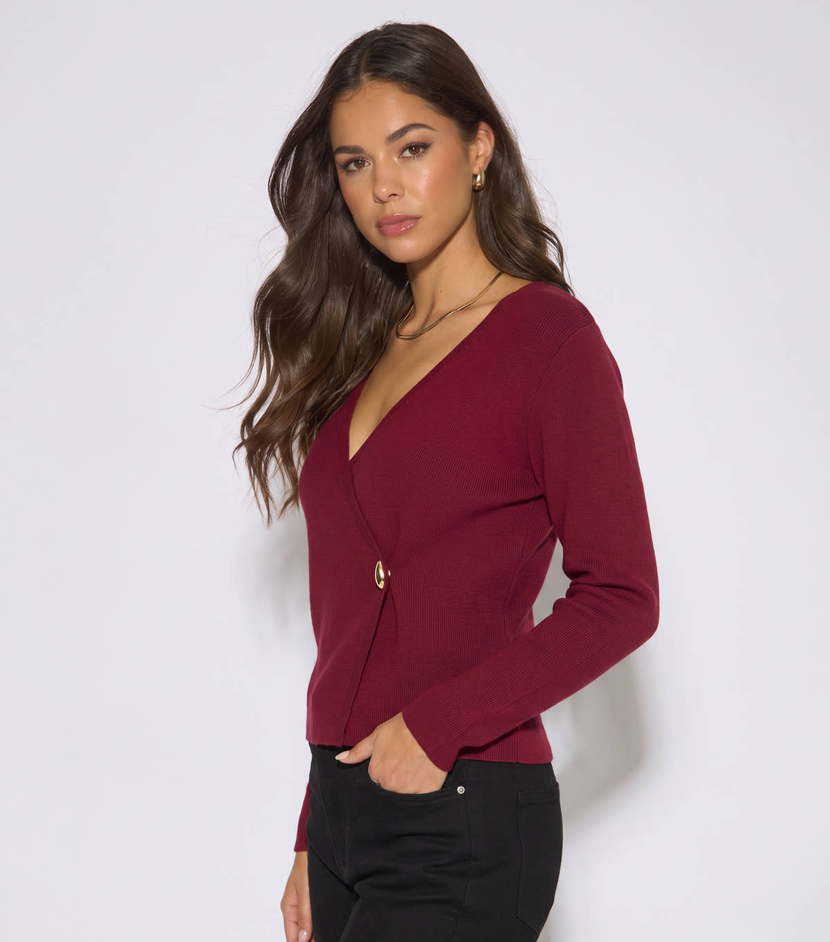 Burgundy Button Wrap Compact Knit Cardigan