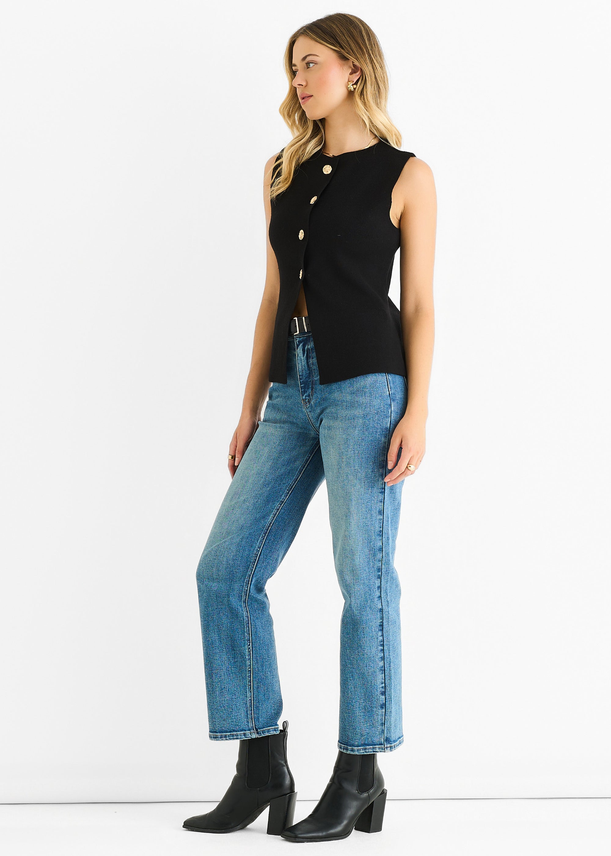 Black Button Front Compact Knit Waistcoat