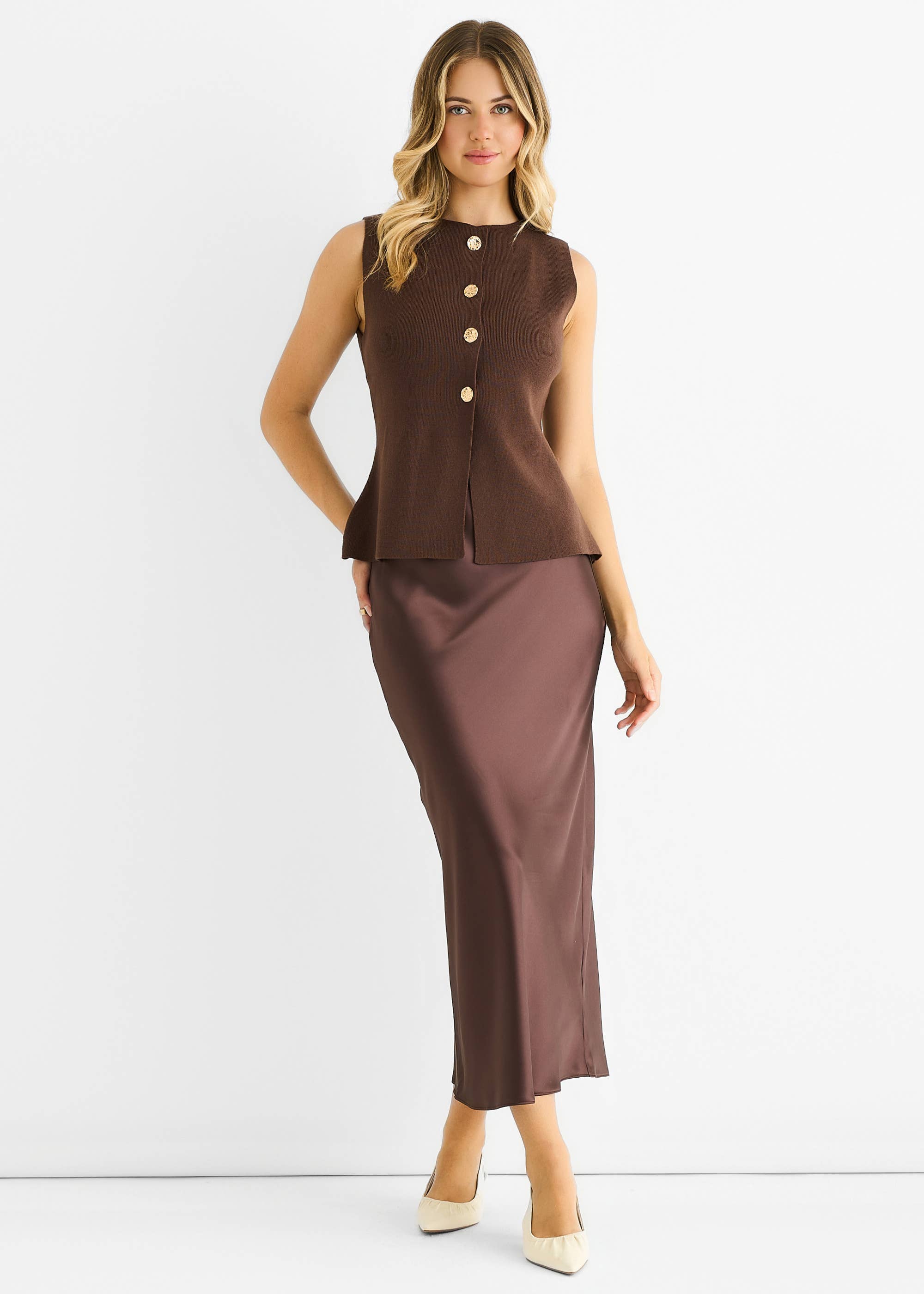 Chocolate Button Front Compact Knit Waistcoat