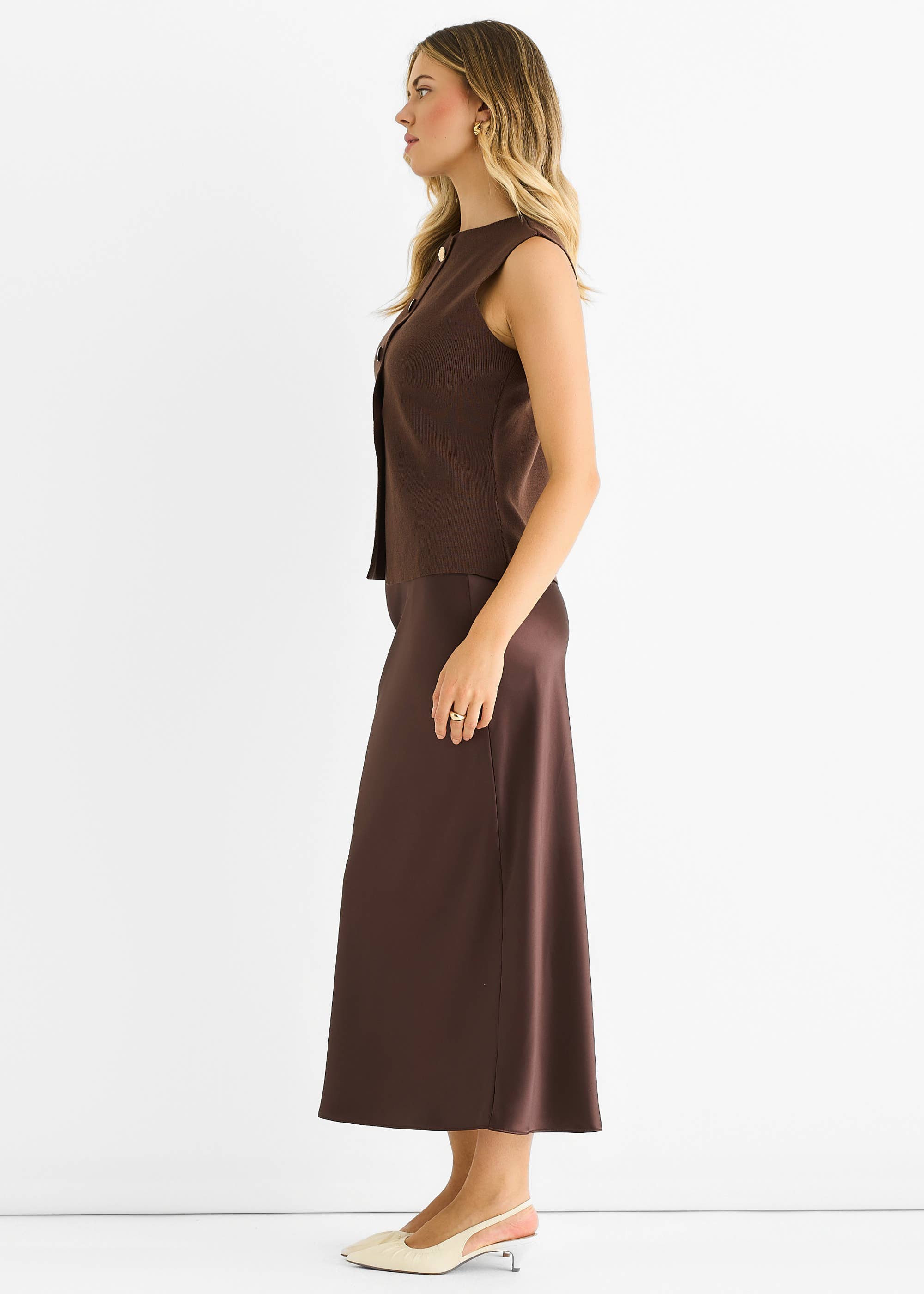 Chocolate Button Front Compact Knit Waistcoat