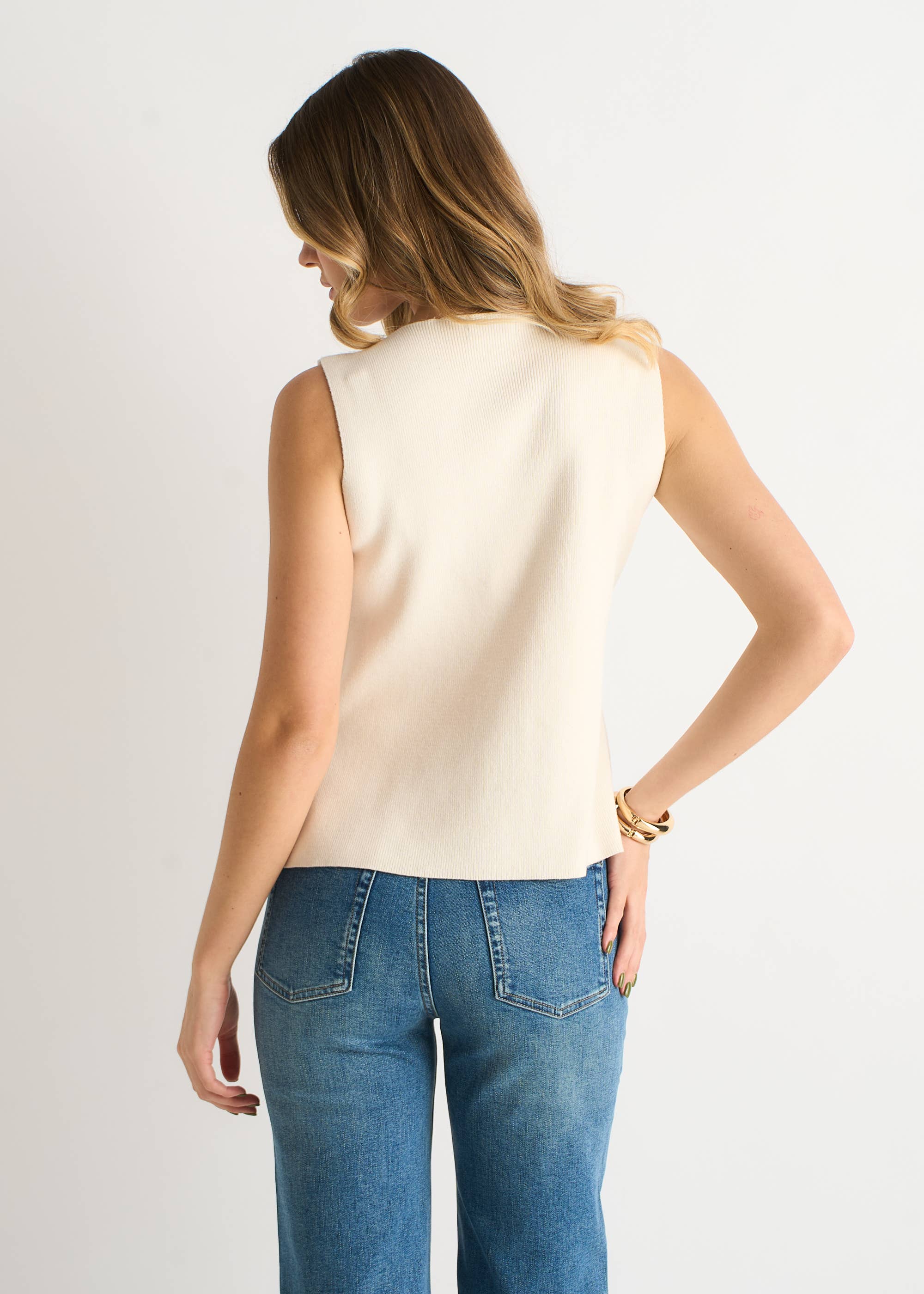 Off White Button Front Compact Knit Waistcoat